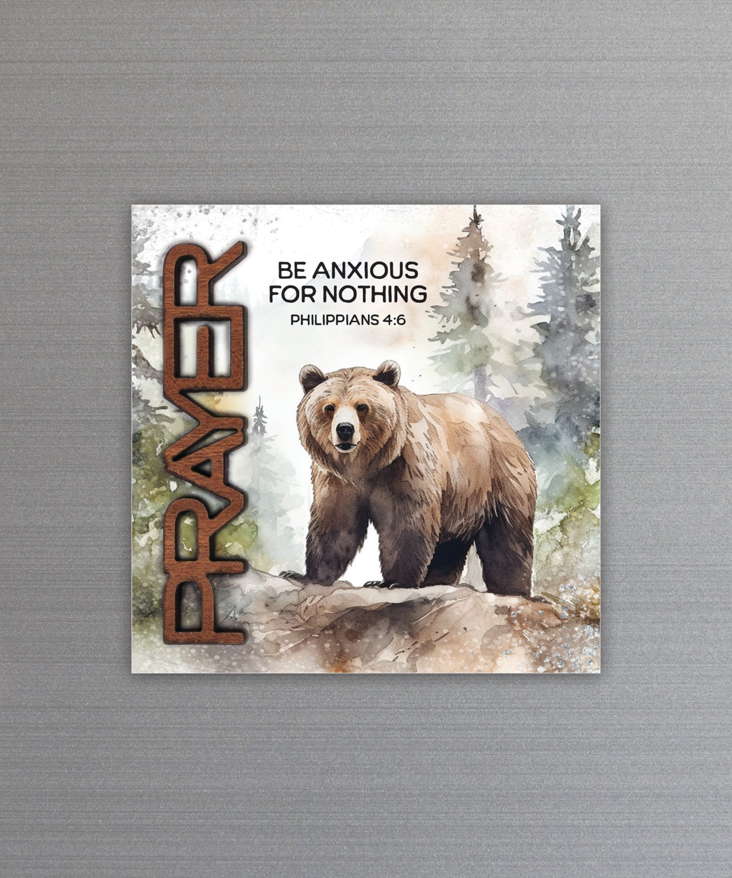 Be Anxious for Nothing magnet-plaque with laser-cut wooden words, premium MDF wood, and versatile easel stand.