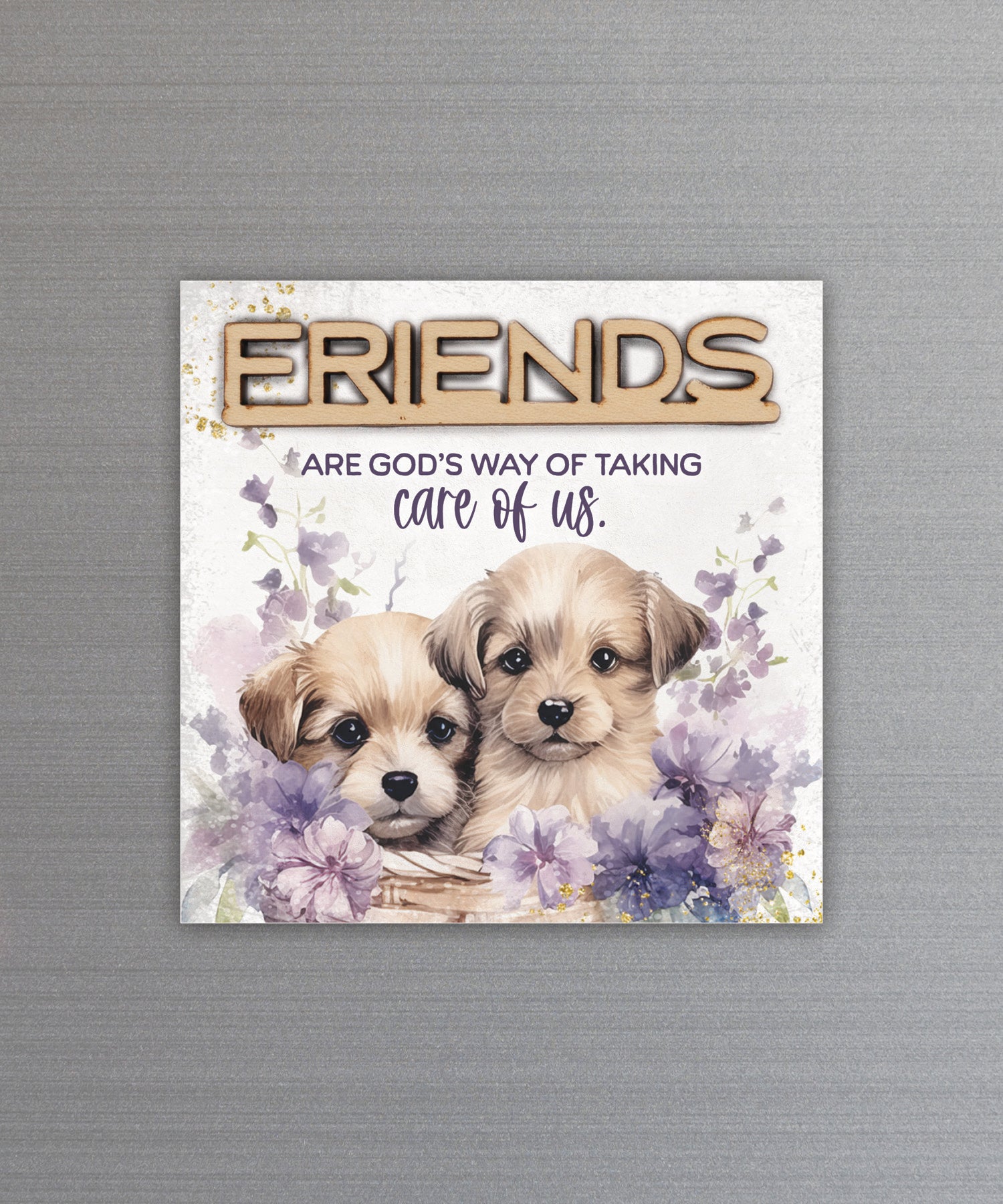 Friends are God’s Way magnet-plaque with laser-cut wooden words, premium MDF wood, and versatile easel stand.