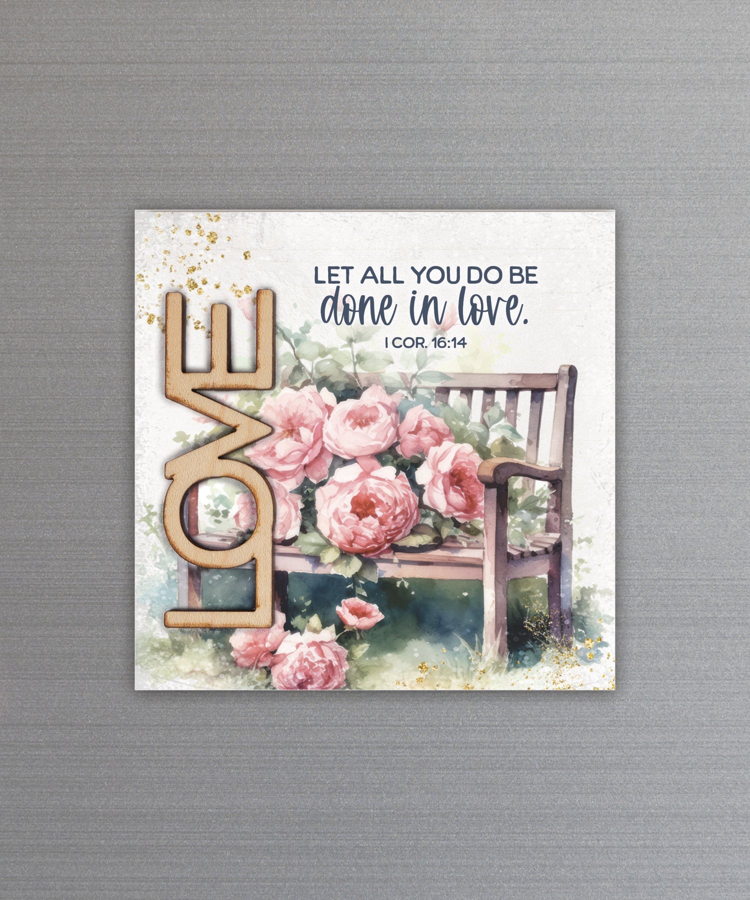 Done in Love magnet-plaque with laser-cut wooden word and inspirational Bible verse on MDF
