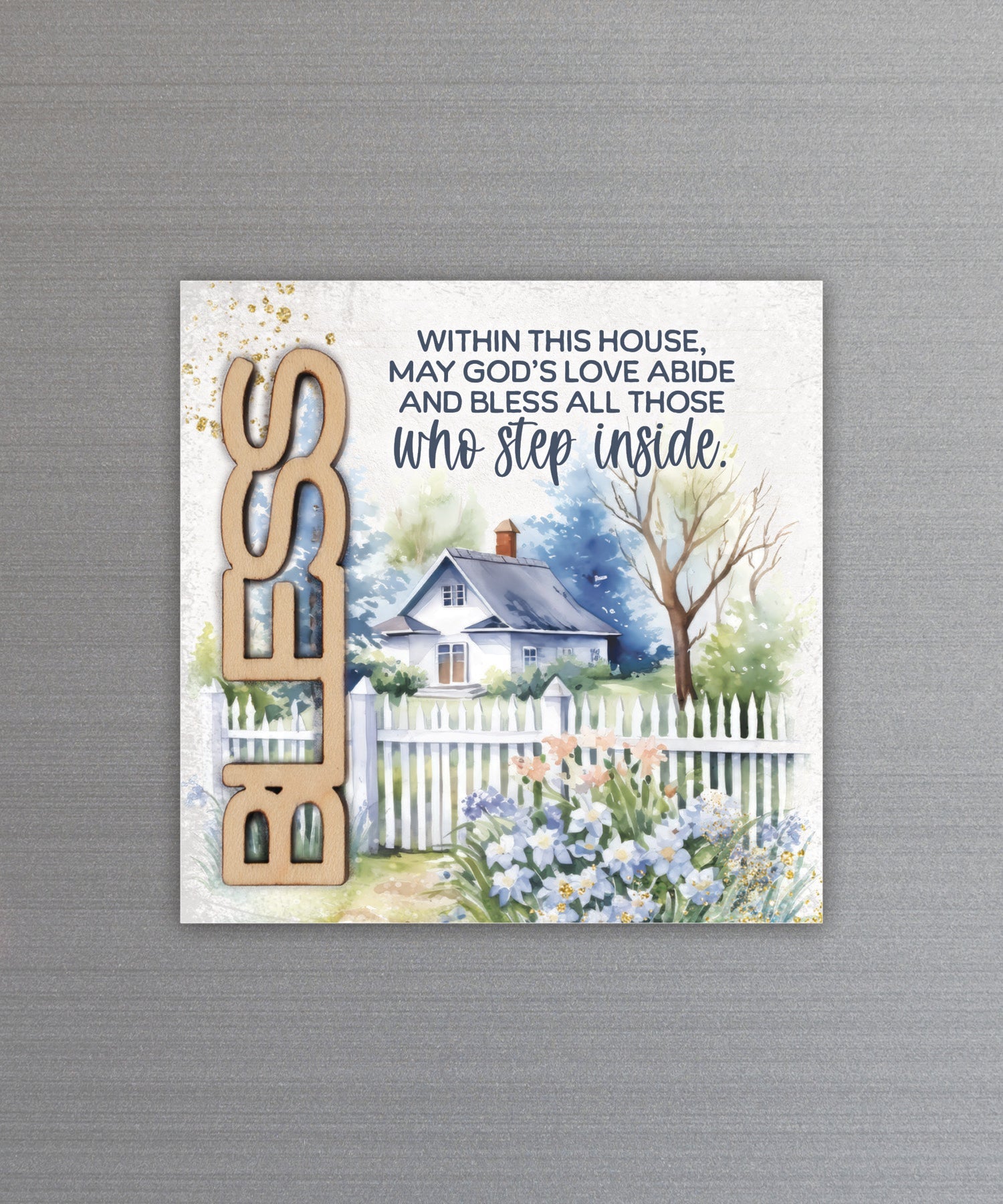 Bless All Those Who Step Inside magnet-plaque with laser-cut wooden words, premium MDF wood, and versatile easel stand.
