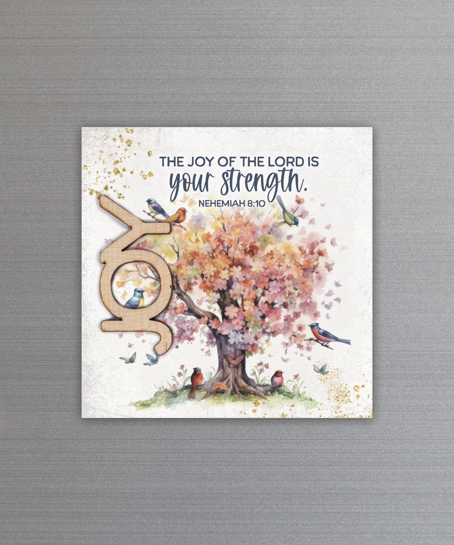 The Joy of the Lord magnet-plaque with laser-cut wooden words, premium MDF wood, and versatile easel stand.