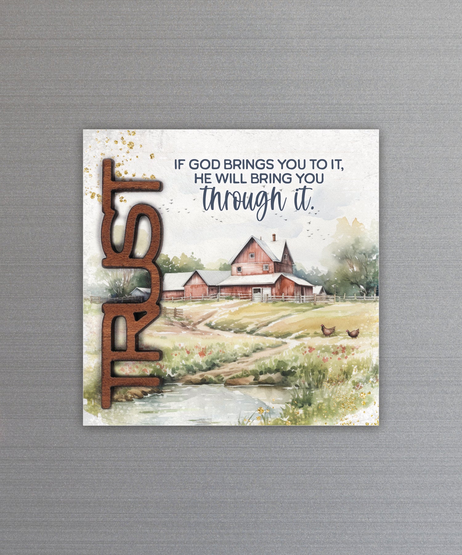 If God Brings You To It magnet-plaque with laser-cut wooden words, premium MDF wood, and versatile easel stand.