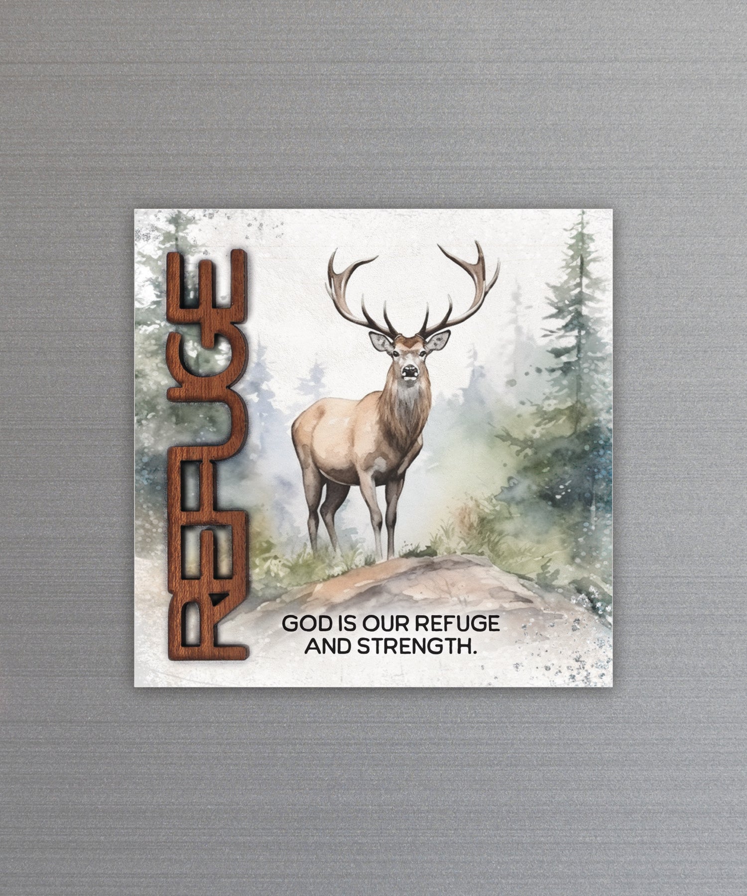 God is Our Refuge magnet-plaque with laser-cut wooden words, premium MDF wood, and versatile easel stand.