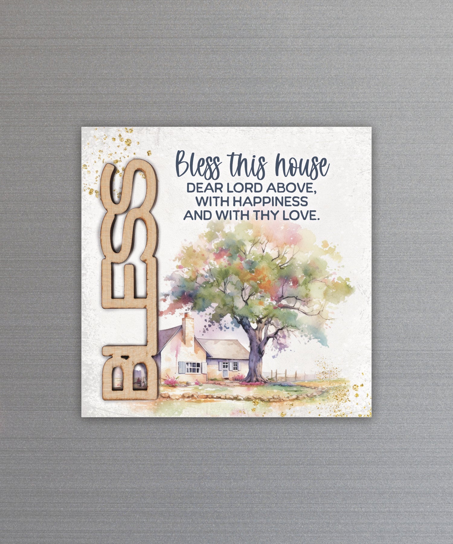 Bless This House magnet-plaque with laser-cut wooden words, premium MDF wood, and versatile easel stand.
