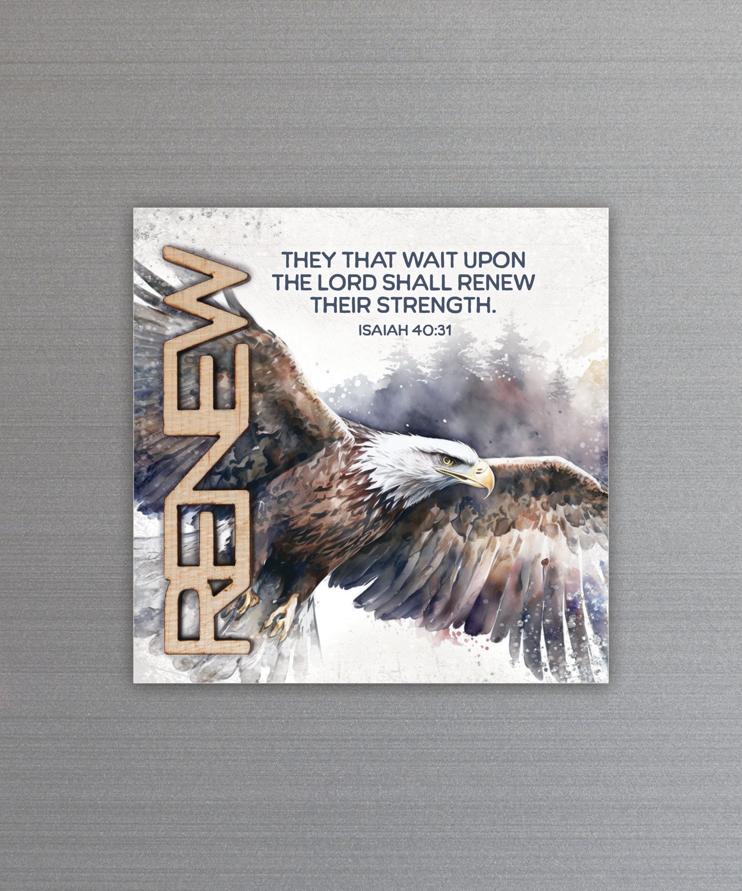 Renew Their Strength magnet-plaque with laser-cut wooden words, premium MDF wood, and versatile easel stand.