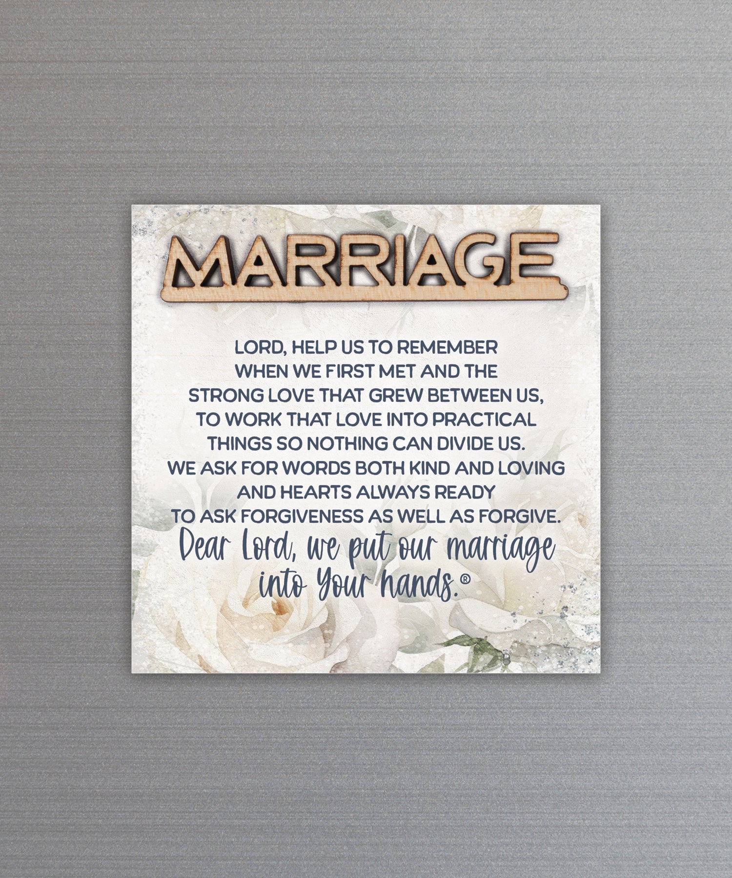 We Put Our Marriage Into Your Hands magnet-plaque with laser-cut wooden words, premium MDF wood, and versatile easel stand.