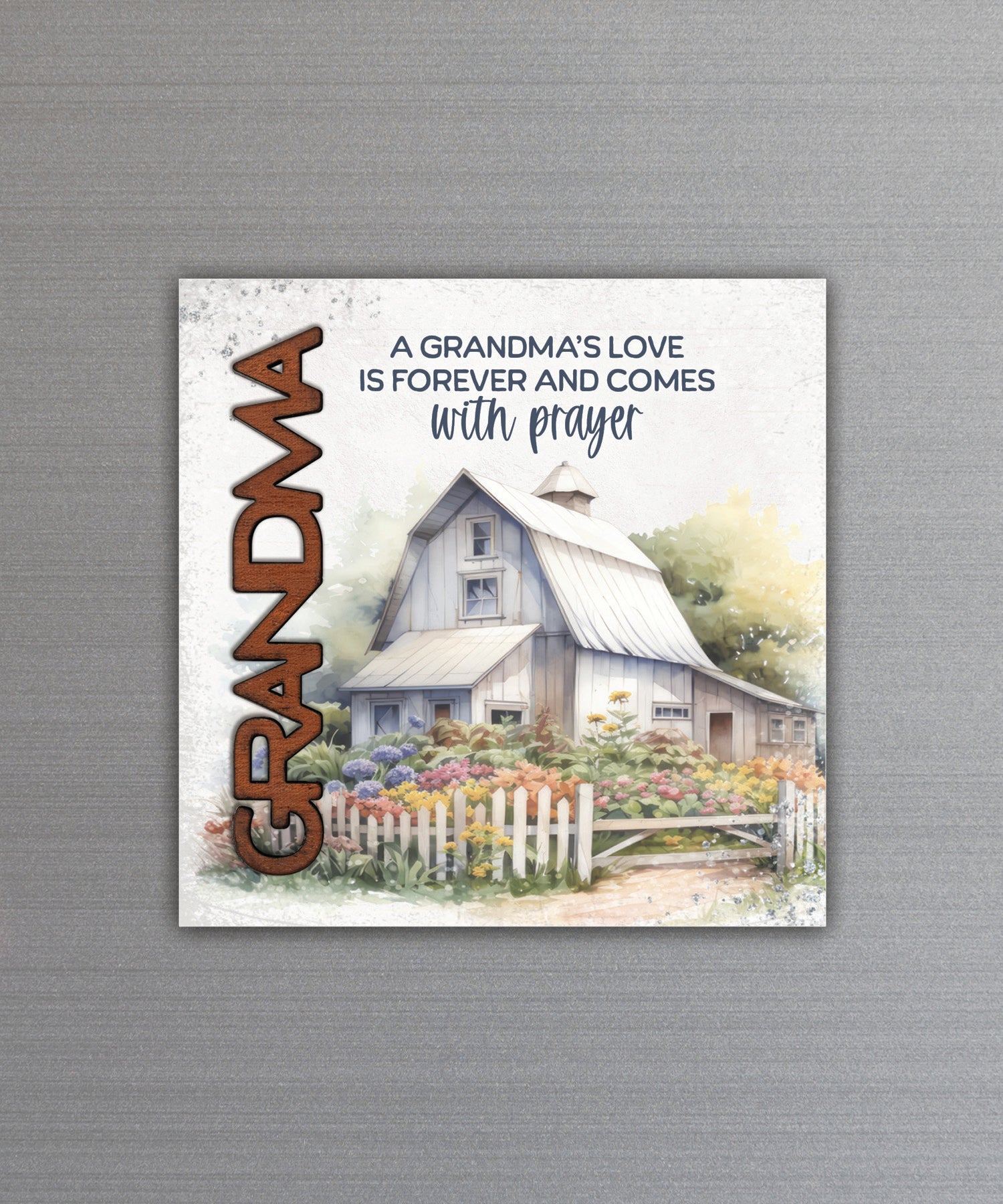 A Grandma’s Love Magnet-Plaque with laser-cut wooden words, premium MDF wood, and versatile easel stand.
