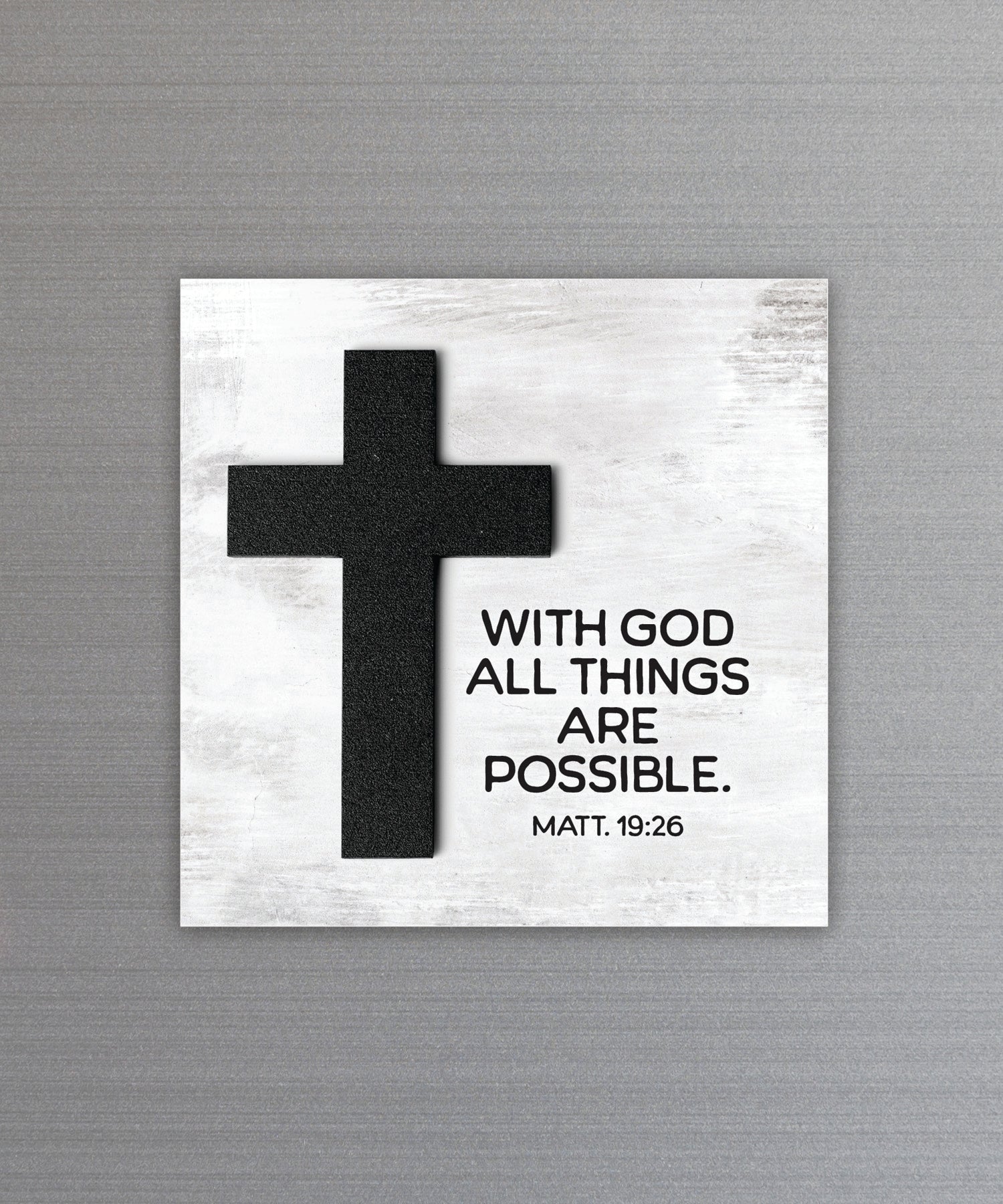 With God All Things magnet-plaque with laser-cut wooden cross and Matthew 19:26 verse on MDF