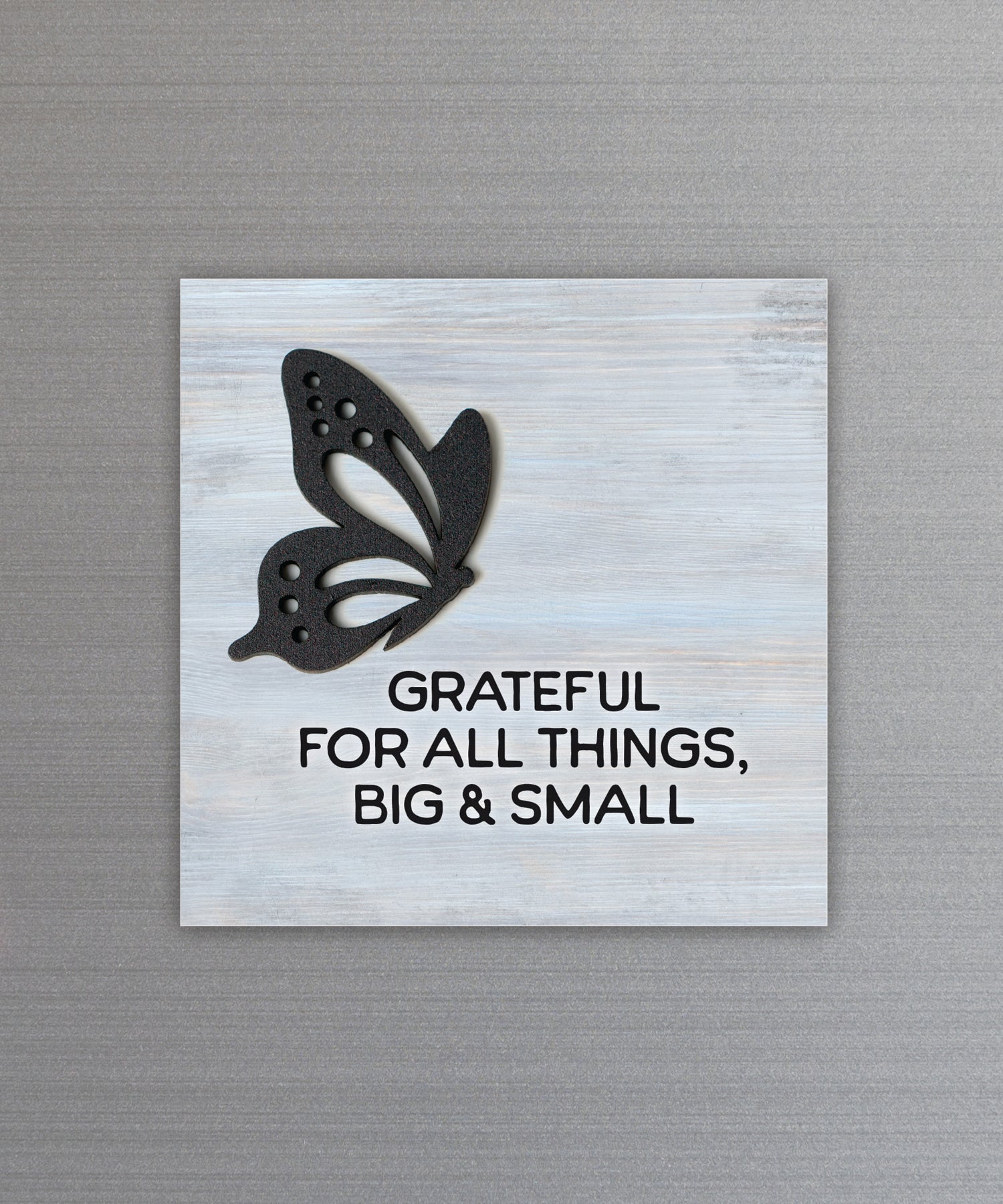 Grateful for All Things magnet-plaque with laser-cut wooden butterfly and gratitude message on MDF
