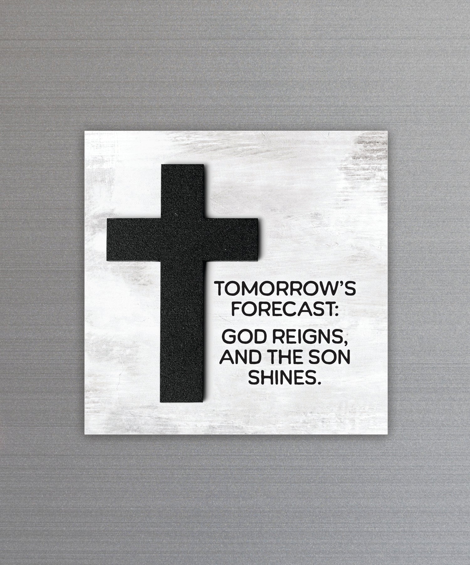 Tomorrow’s Forecast magnet-plaque with laser-cut wooden cross and uplifting faith message on MDF