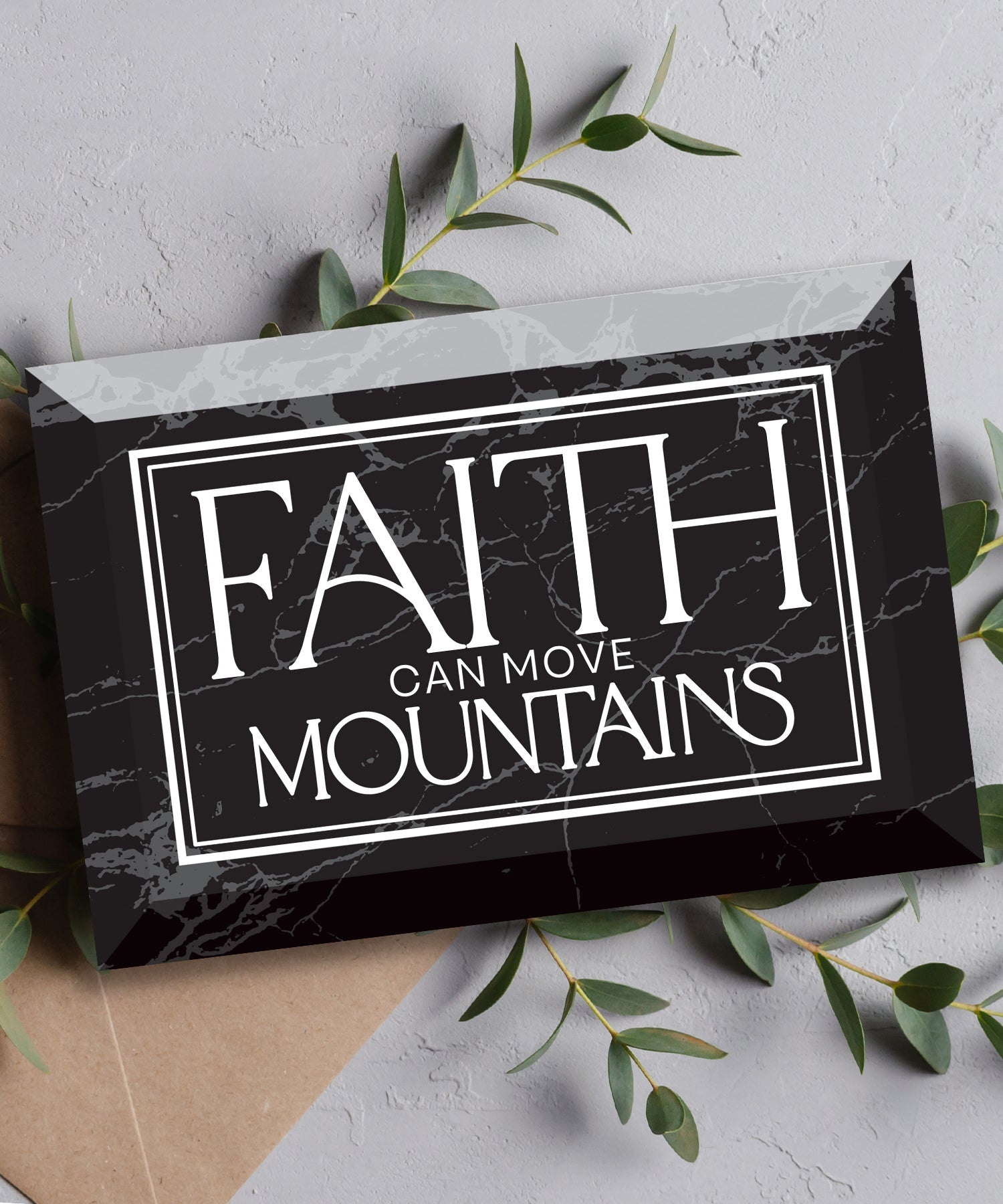 Faith Can Move Mountains 6x4 glass plaque with inspirational faith message and beveled glass design