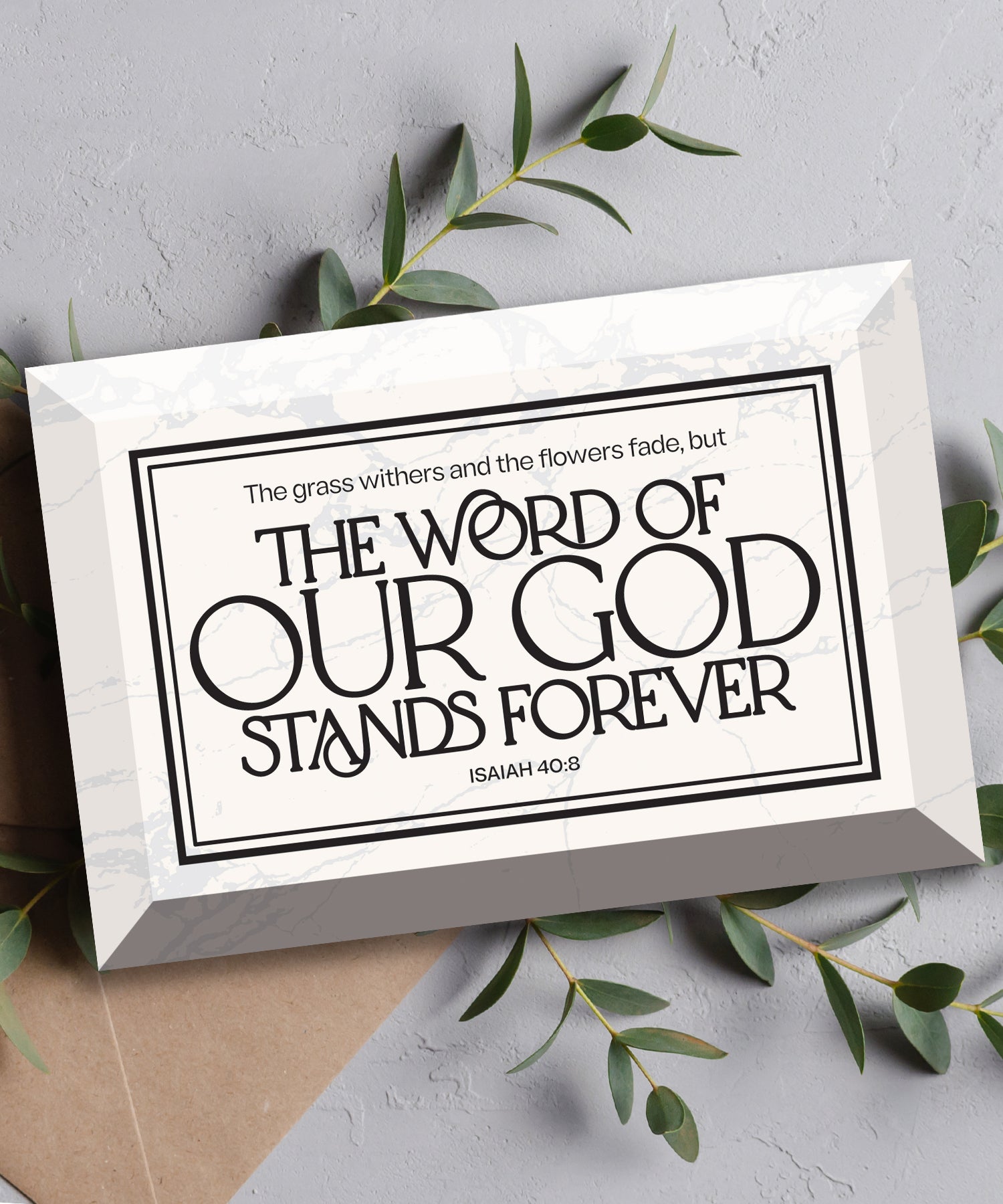 The Word of Our God Stands Forever 6x4 Glass Plaque with Marble Look – Inspirational Verse Home Décor