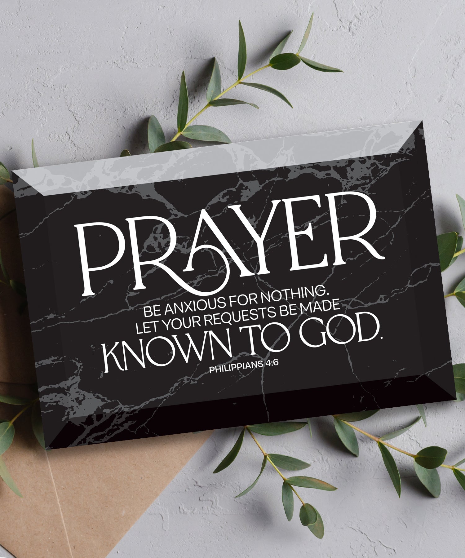 Prayer 6x4 glass plaque with Philippians 4:6 verse and beveled glass design