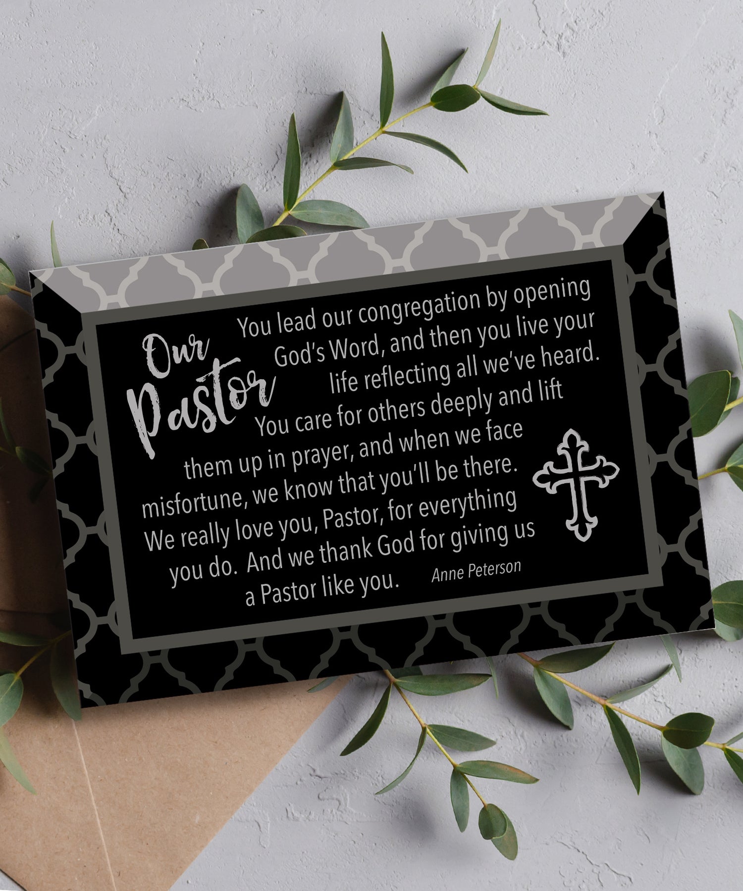 Our Pastor Glass Plaque, which has smooth beveled edges and a screen-printed design, is perfect for display on a shelf.