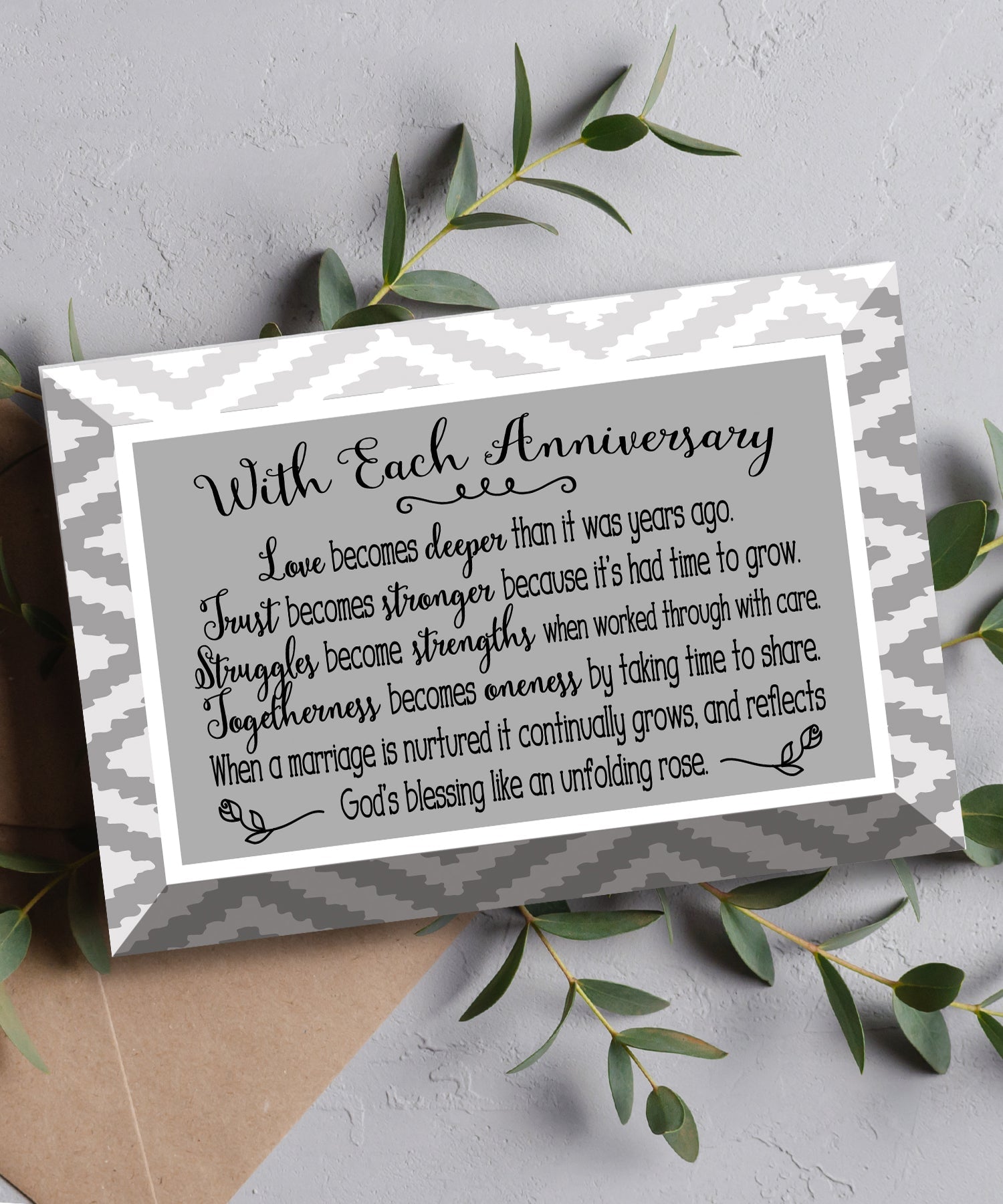With Each Anniversary Glass Plaque, which has smooth beveled edges and a screen-printed design, is perfect for display on a shelf.