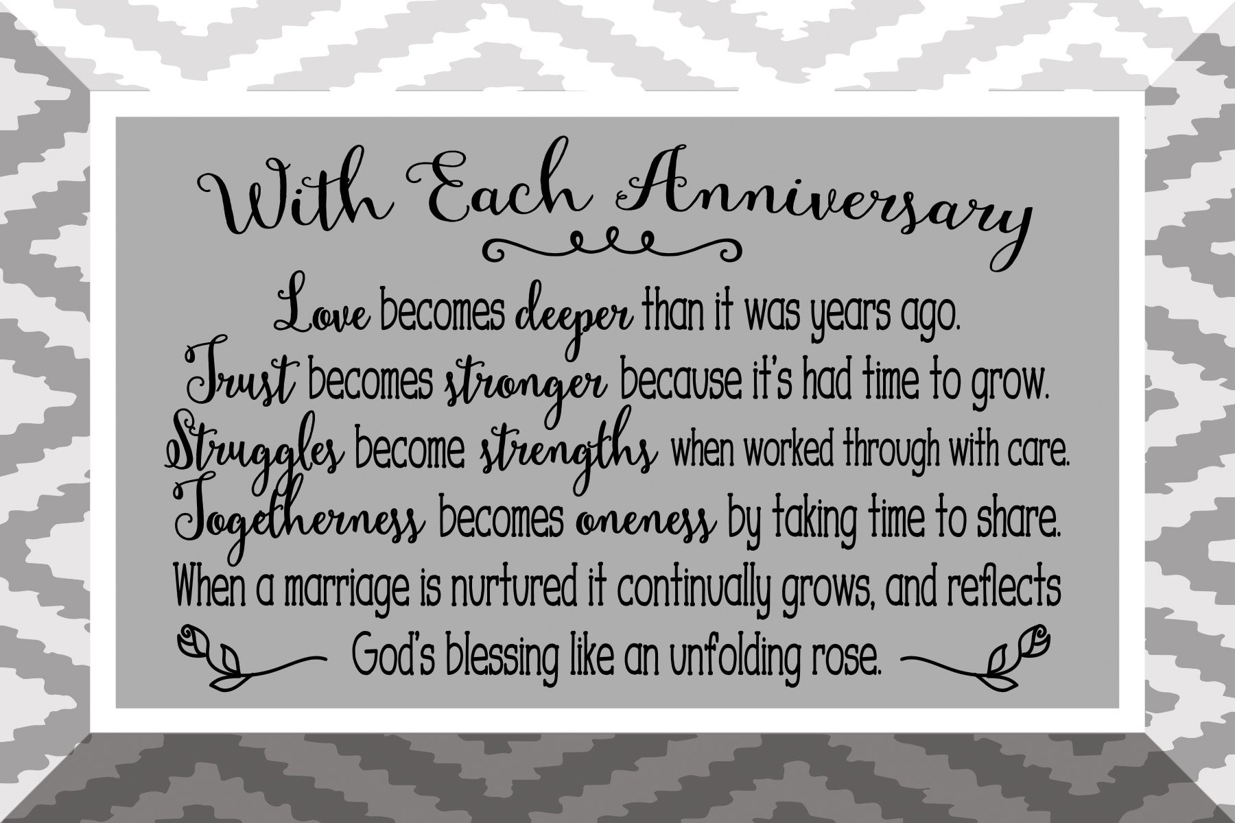 With Each Anniversary Glass Plaque, which has smooth beveled edges and a screen-printed design, is perfect for display on a shelf.