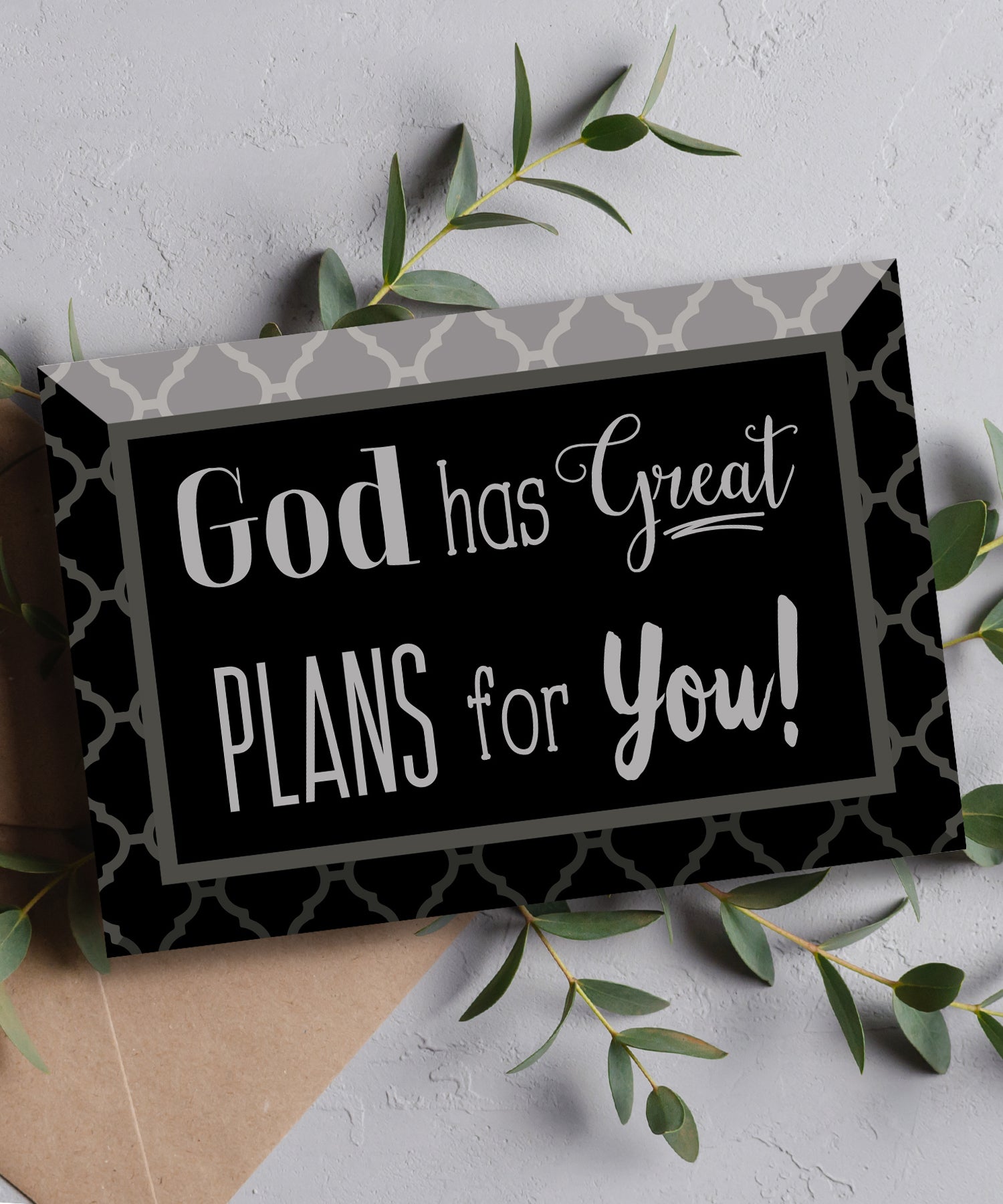 God Has Great Plans Glass Plaque, which has smooth beveled edges and a screen-printed design, is perfect for display on a shelf.