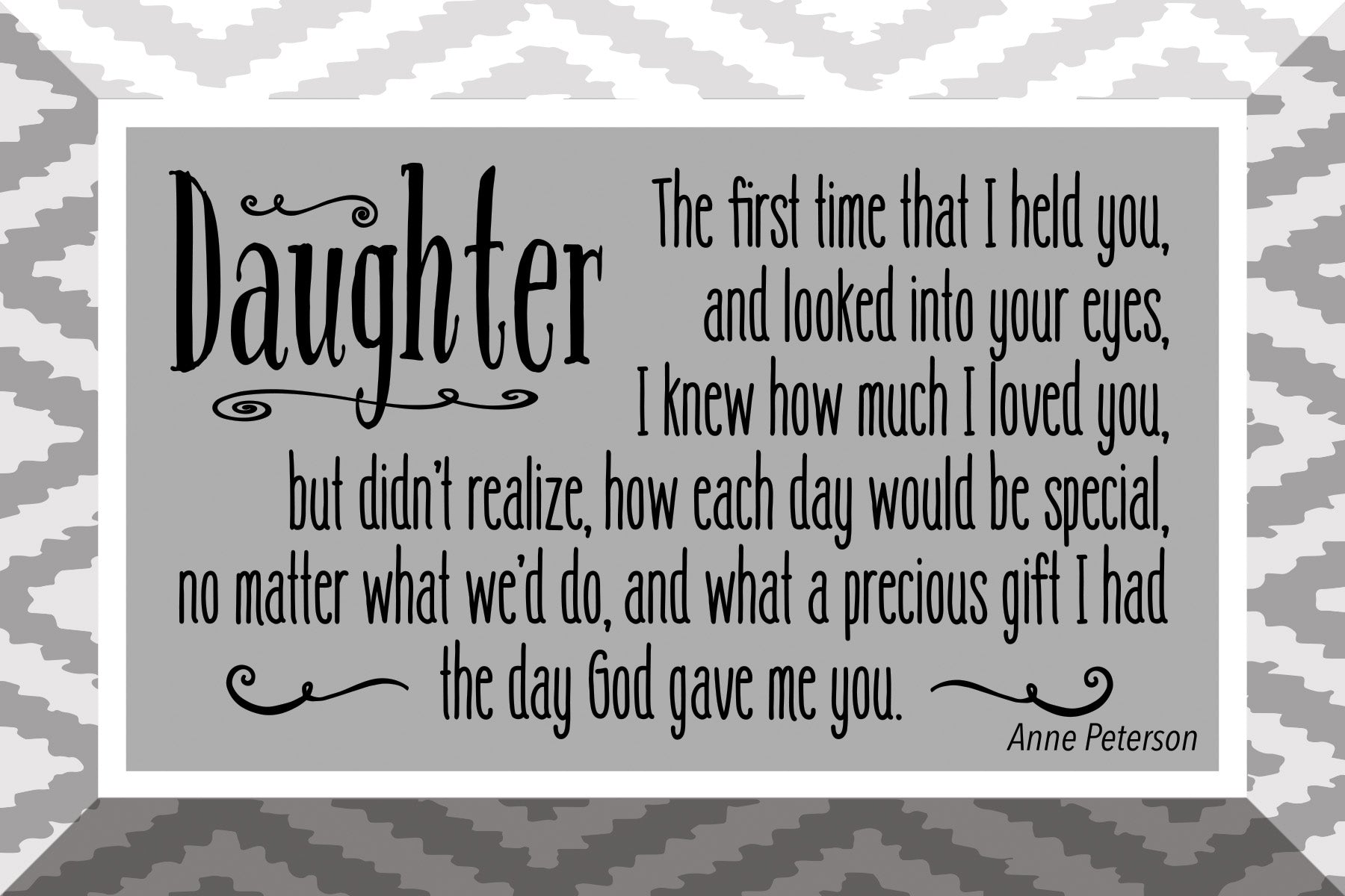Daughter Glass Plaque, which has smooth beveled edges and a screen-printed design, is perfect for display on a shelf.