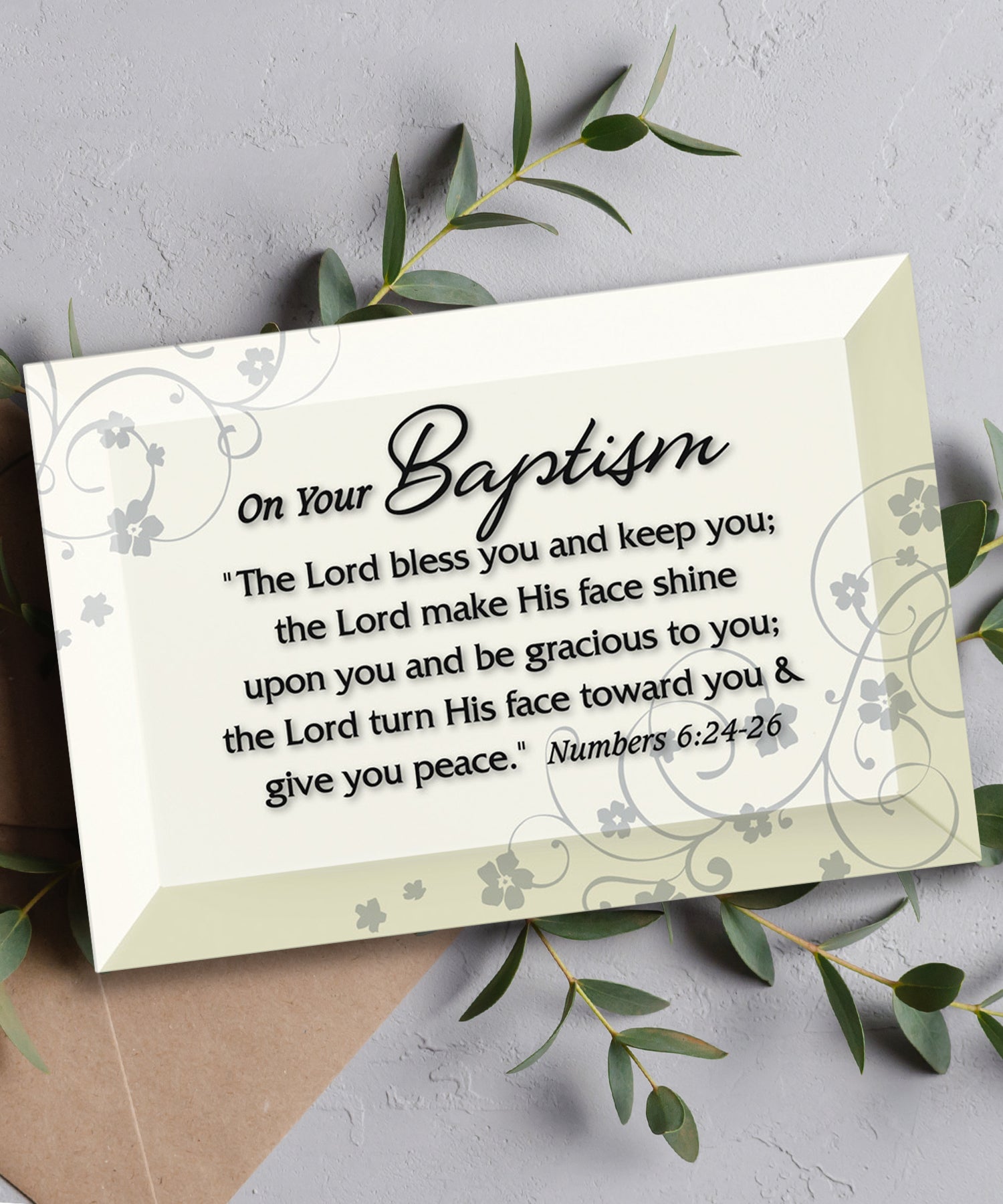 Baptism Glass Plaque, which has smooth beveled edges and a screen-printed design, is perfect for display on a shelf.
