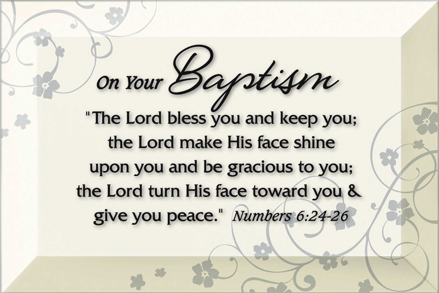 Baptism Glass Plaque, which has smooth beveled edges and a screen-printed design, is perfect for display on a shelf.