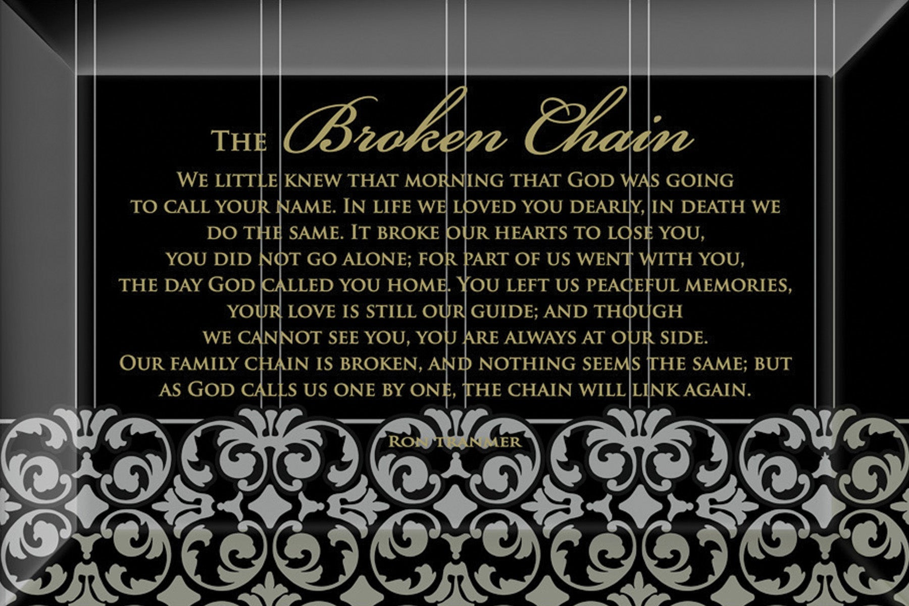 Broken Chain Glass Plaque, which has smooth beveled edges and a screen-printed design, is perfect for display on a shelf.