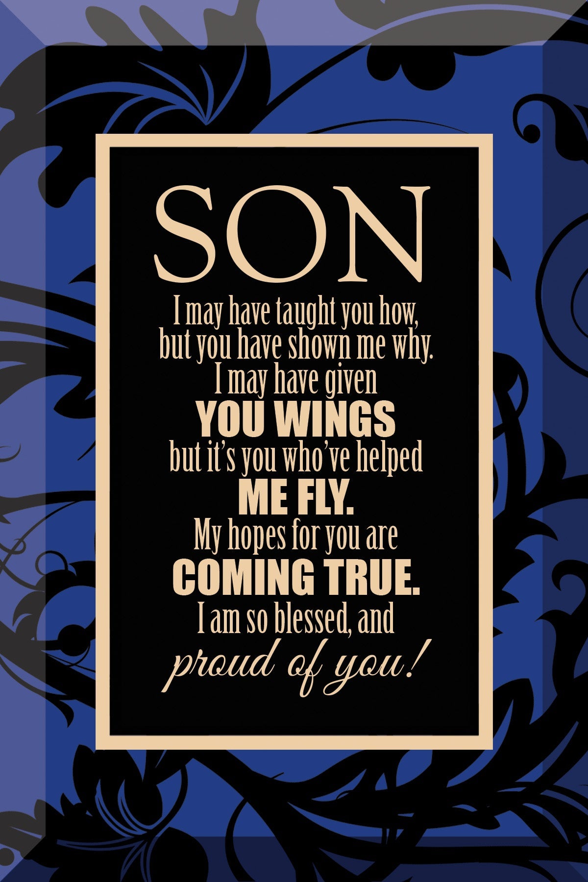 Son Glass Plaque, which has smooth beveled edges and a screen-printed design, is perfect for display on a shelf.