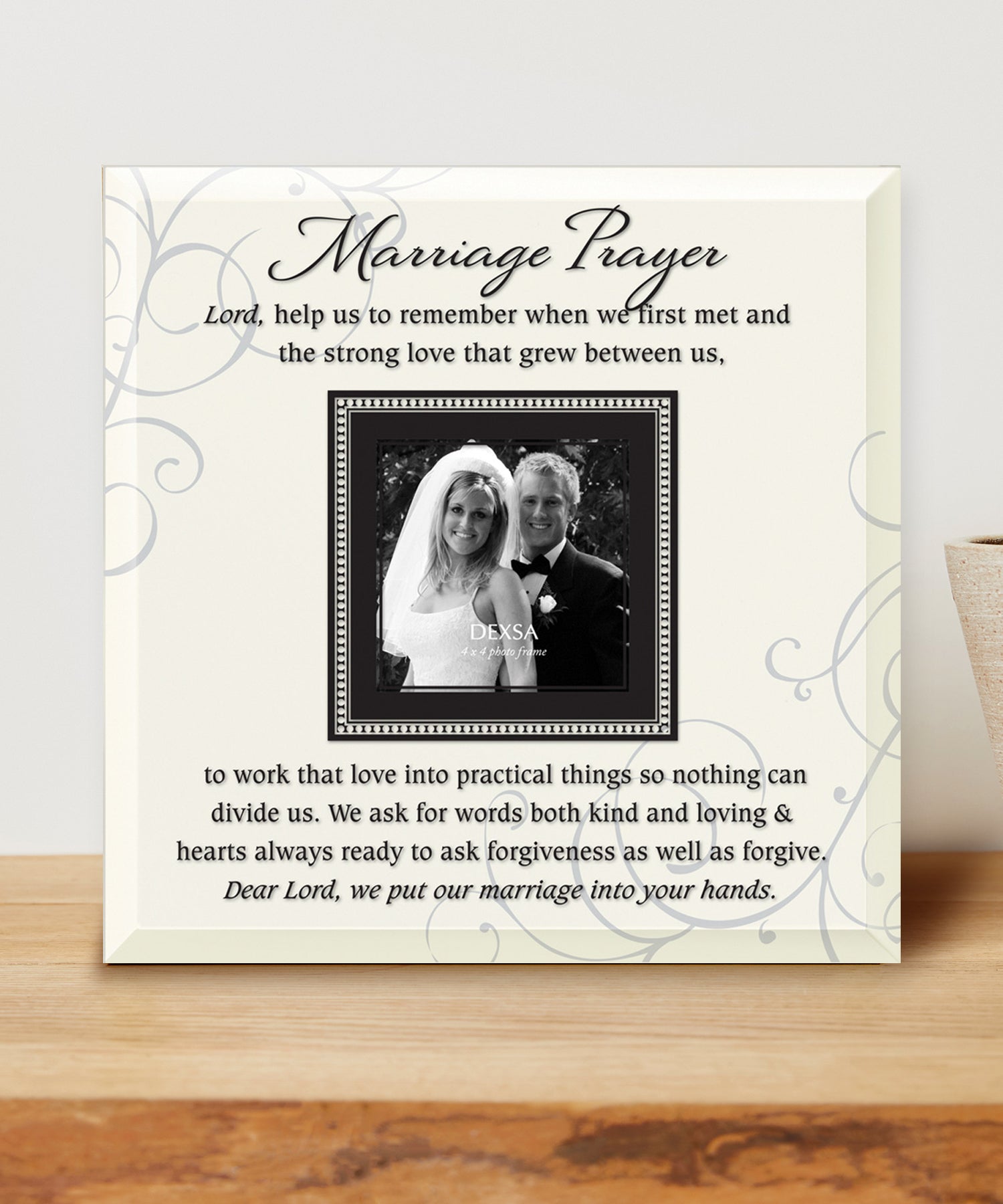 Marriage Prayer Glass Photo Frame with smooth beveled edges, holding a 4x4 photo, displayed on a shelf.