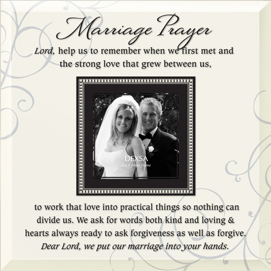 Marriage Prayer Glass Photo Frame with smooth beveled edges, holding a 4x4 photo, displayed on a shelf.