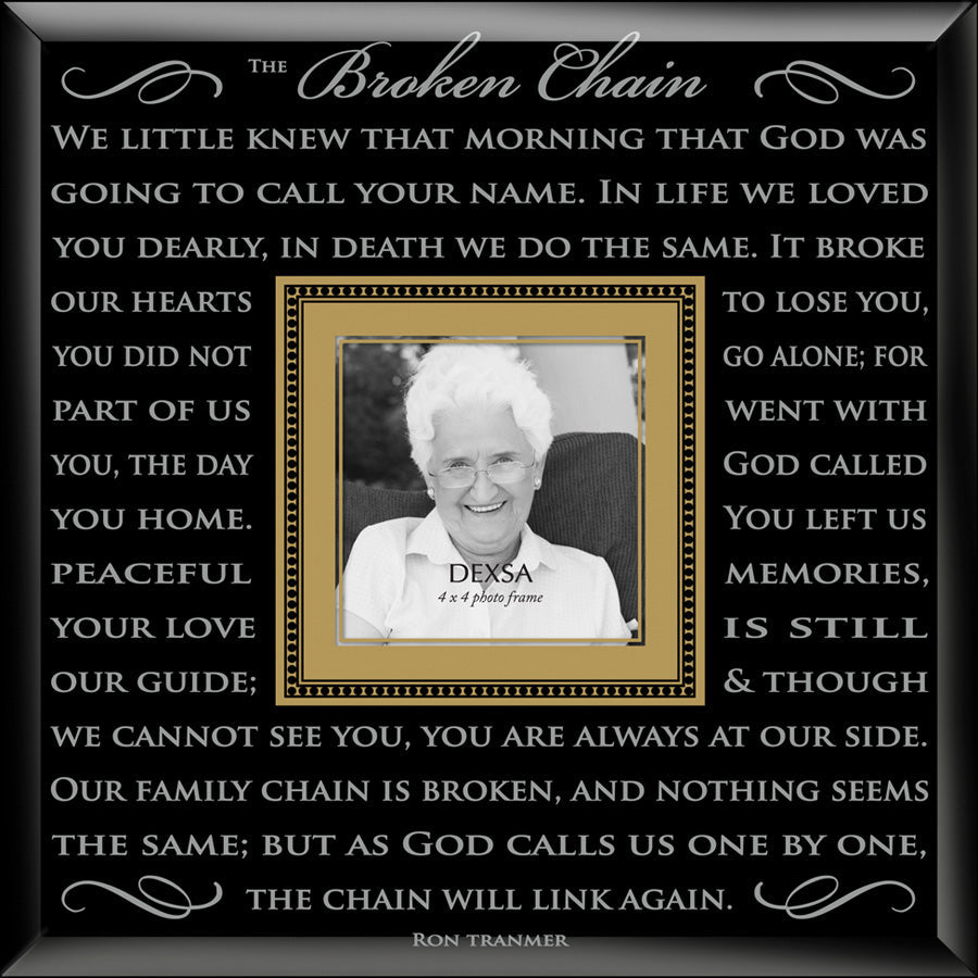 Broken Chain Glass Photo Frame with smooth beveled edges, holding a 4x4 photo, displayed on a shelf.