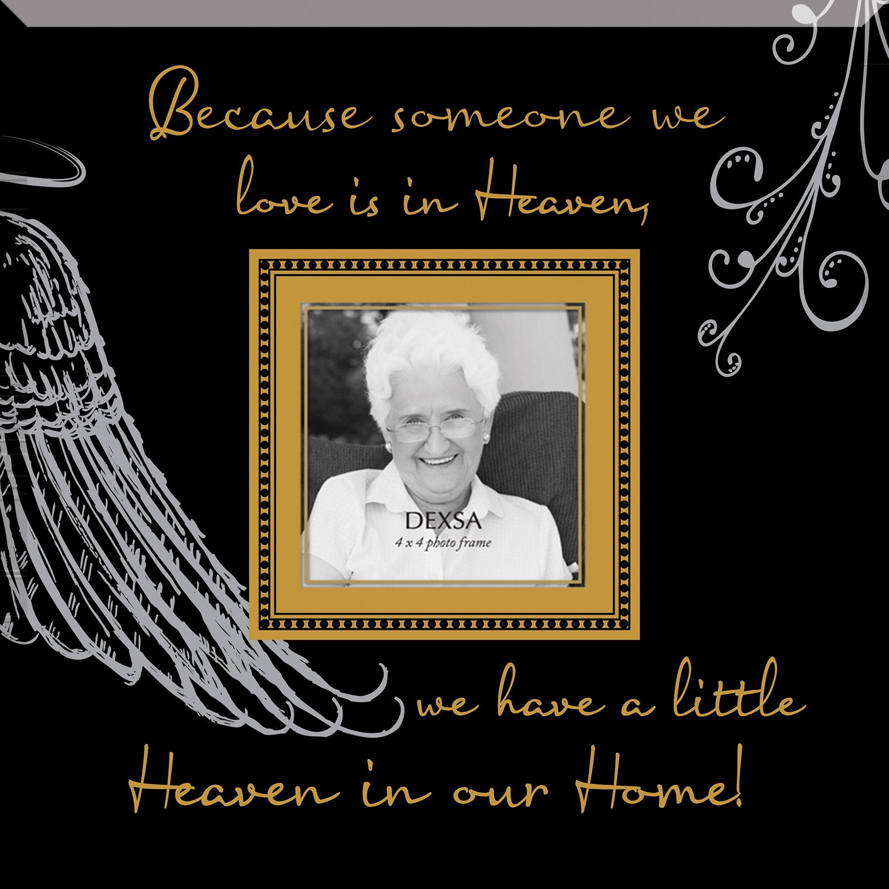 Because Someone We Love Glass Photo Frame with smooth beveled edges, holding a 4x4 photo, displayed on a shelf.