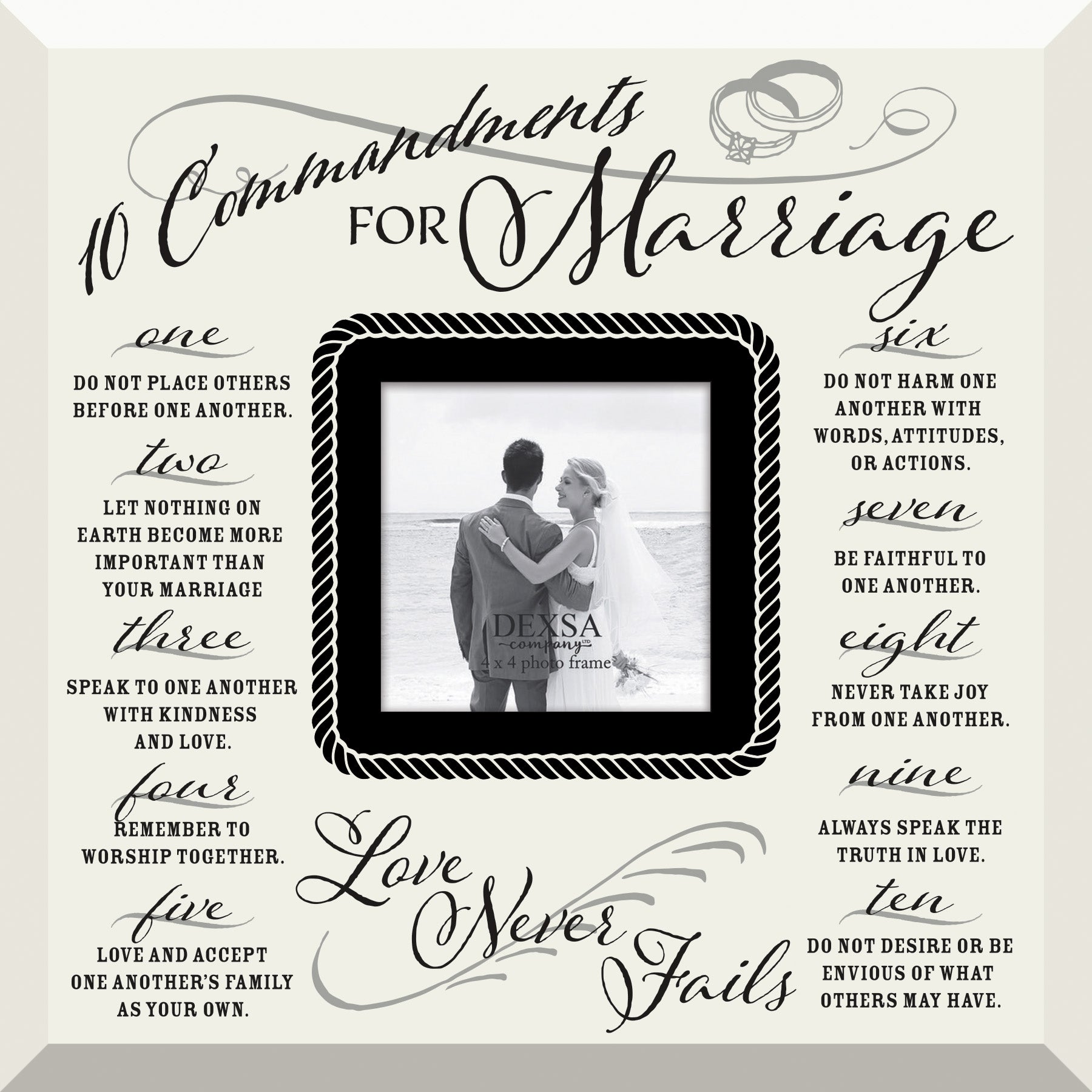 Ten Commandments for Marriage Glass Photo Frame with smooth beveled edges, holding a 4x4 photo, displayed on a shelf.