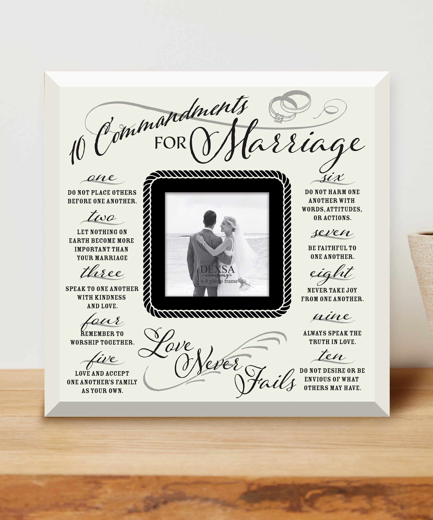 Ten Commandments for Marriage Glass Photo Frame with smooth beveled edges, holding a 4x4 photo, displayed on a shelf.