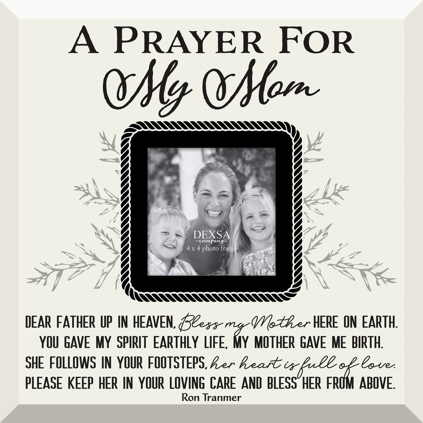 Prayer for My Mom Glass Photo Frame with smooth beveled edges, holding a 4x4 photo, displayed on a shelf.