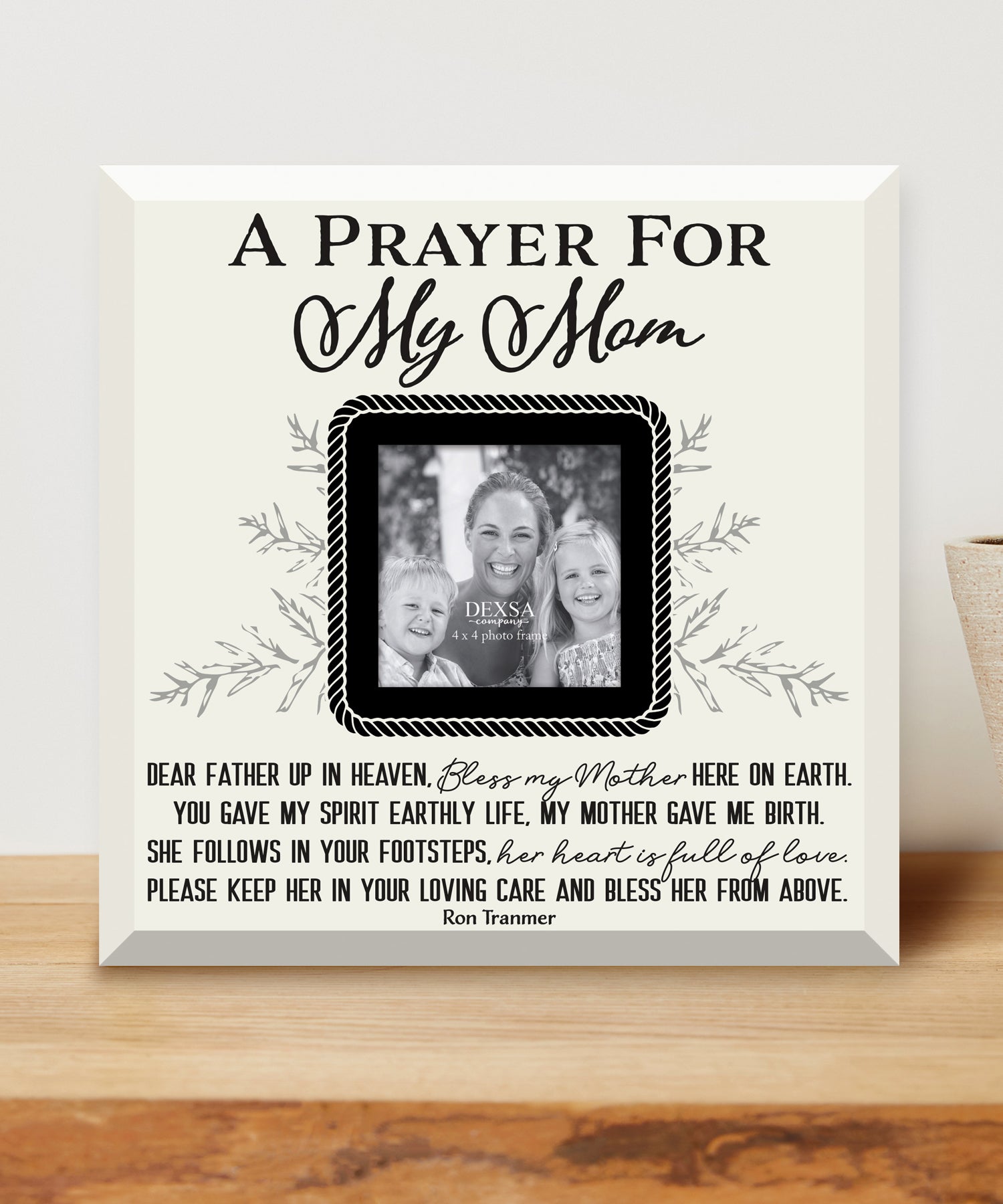 Prayer for My Mom Glass Photo Frame with smooth beveled edges, holding a 4x4 photo, displayed on a shelf.