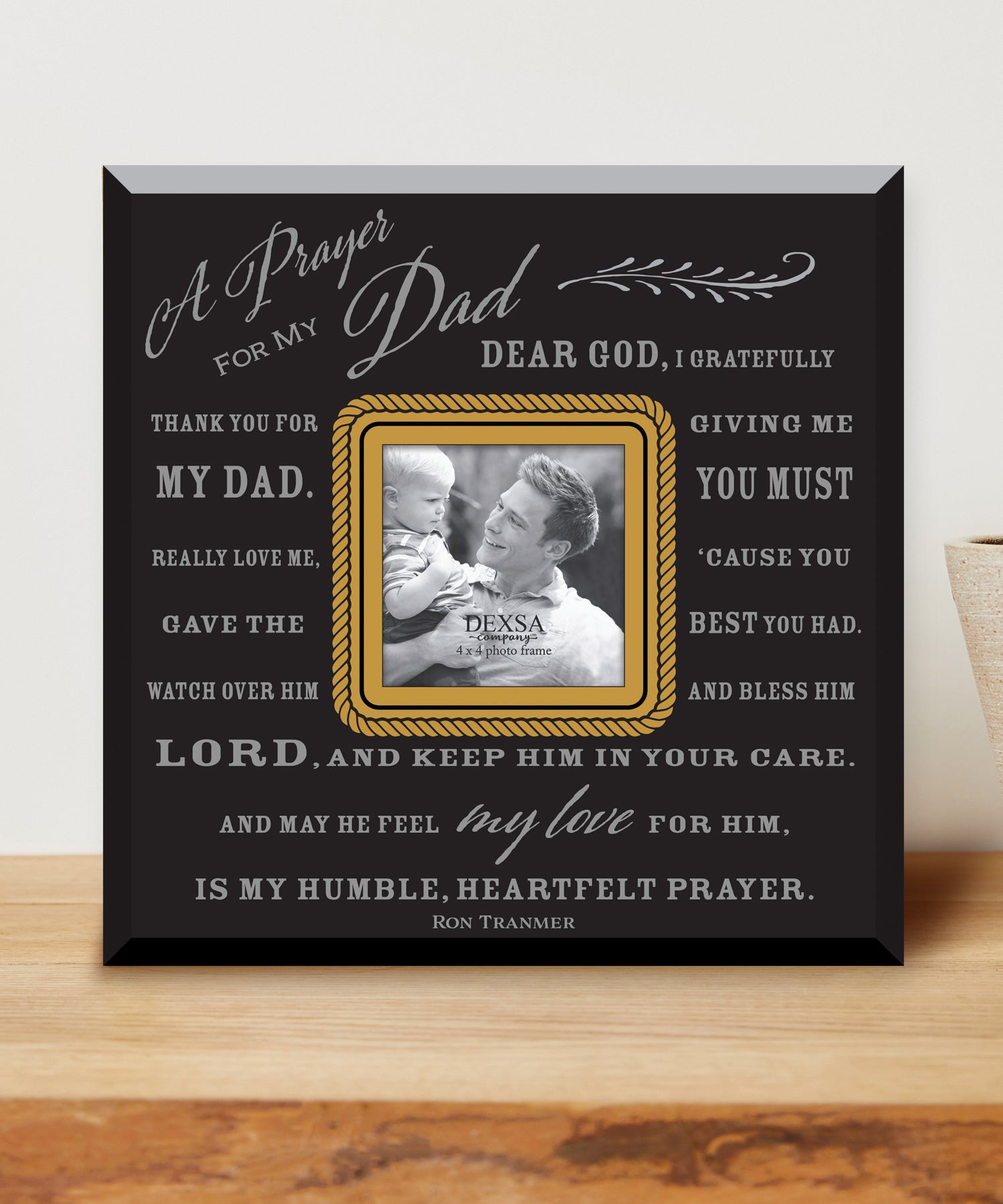Prayer for My Dad Glass Photo Frame with smooth beveled edges, holding a 4x4 photo, displayed on a shelf.