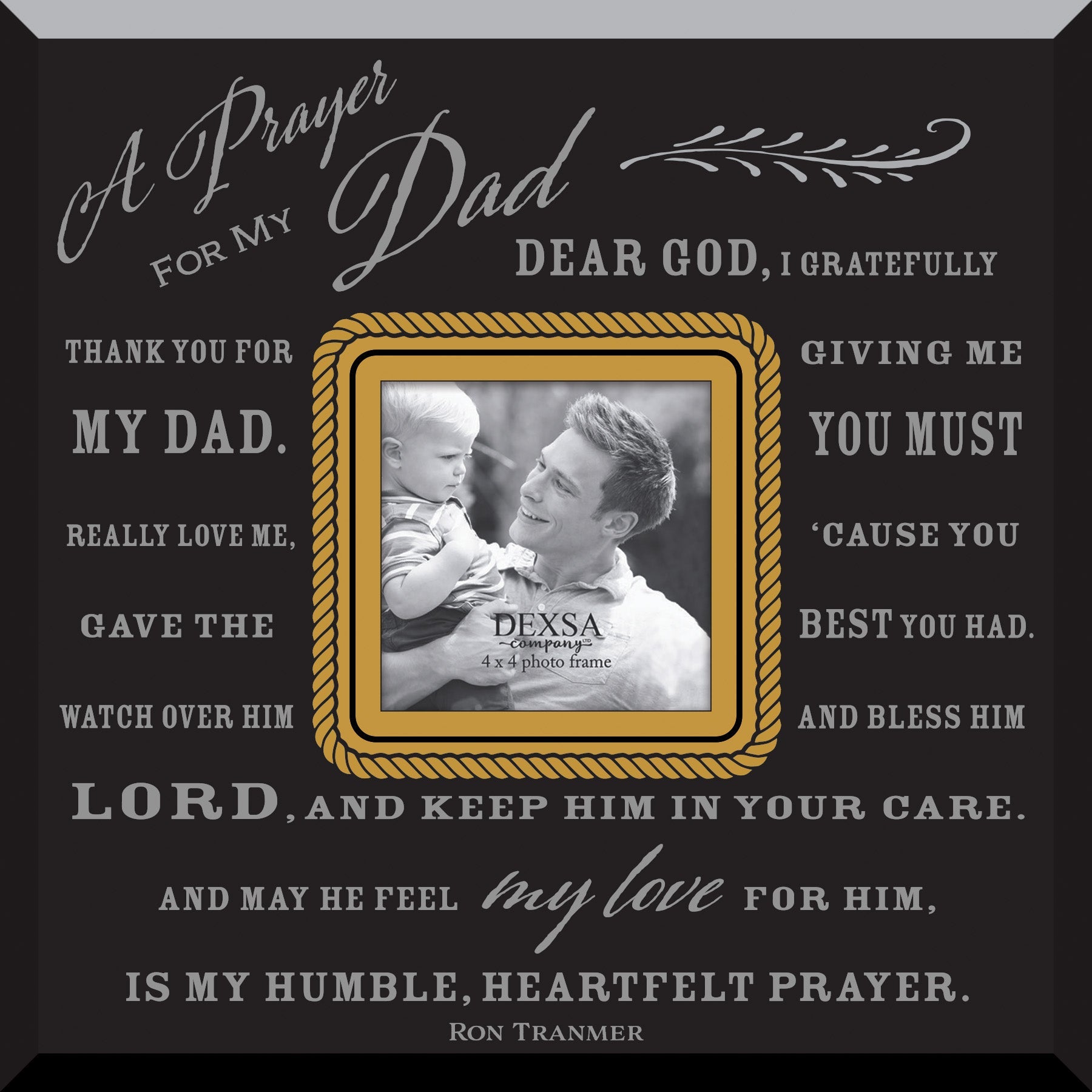Prayer for My Dad Glass Photo Frame with smooth beveled edges, holding a 4x4 photo, displayed on a shelf.