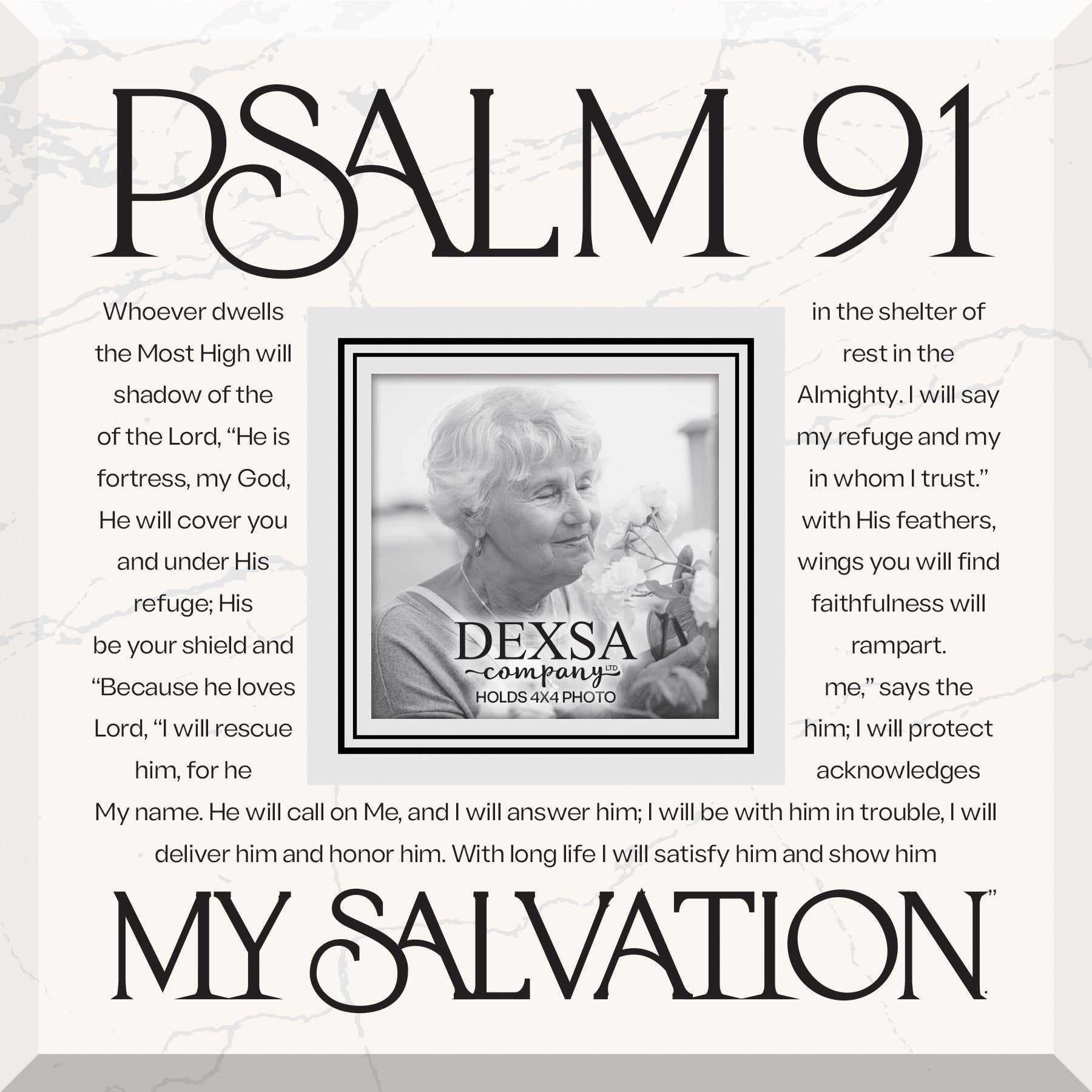 Psalm 91 My Salvation 12x12 Glass Photo Frame with smooth beveled edges, holding a 4x4 photo, displayed on a shelf.