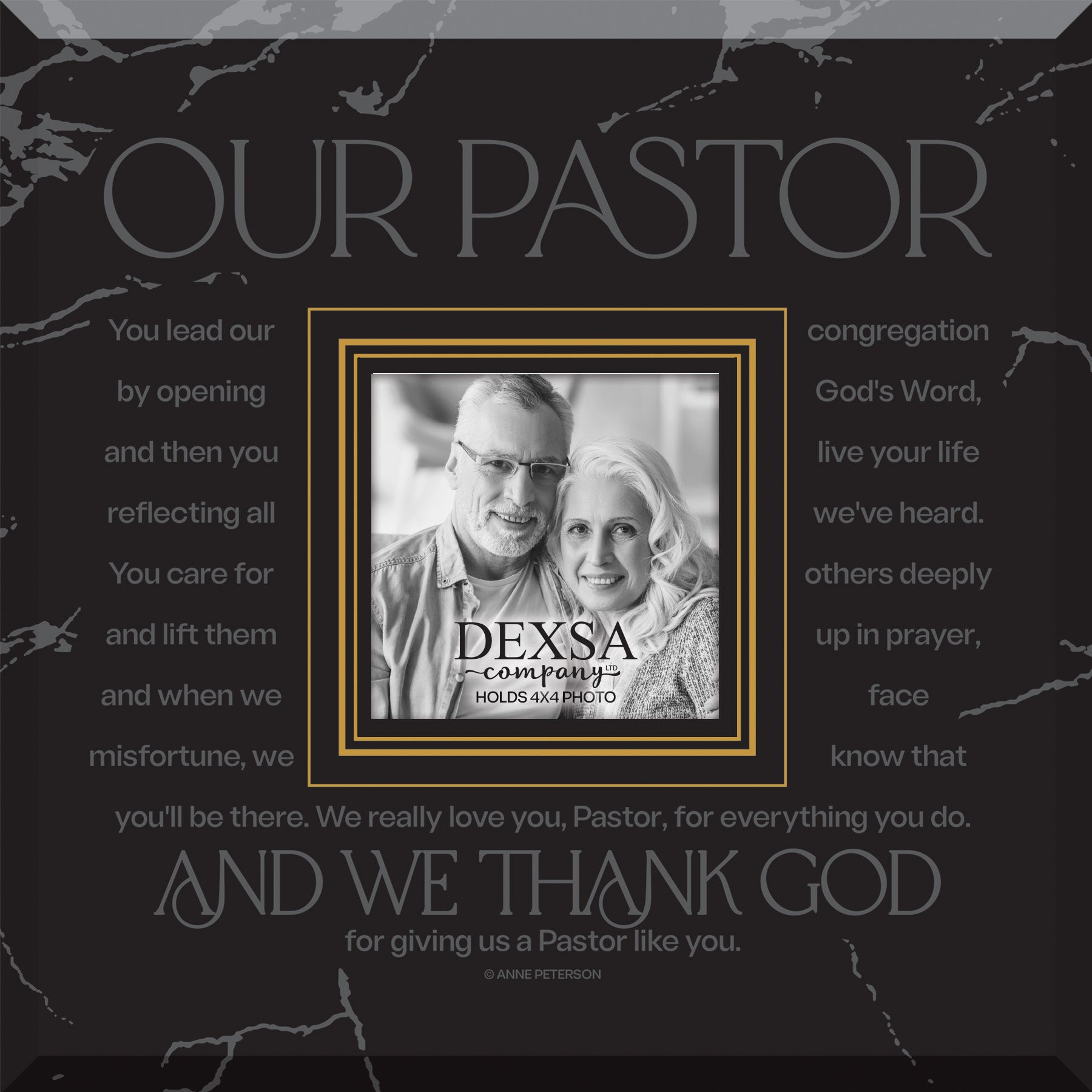 Our Pastor 12x12 Glass Photo Frame with smooth beveled edges, holding a 4x4 photo, displayed on a shelf.