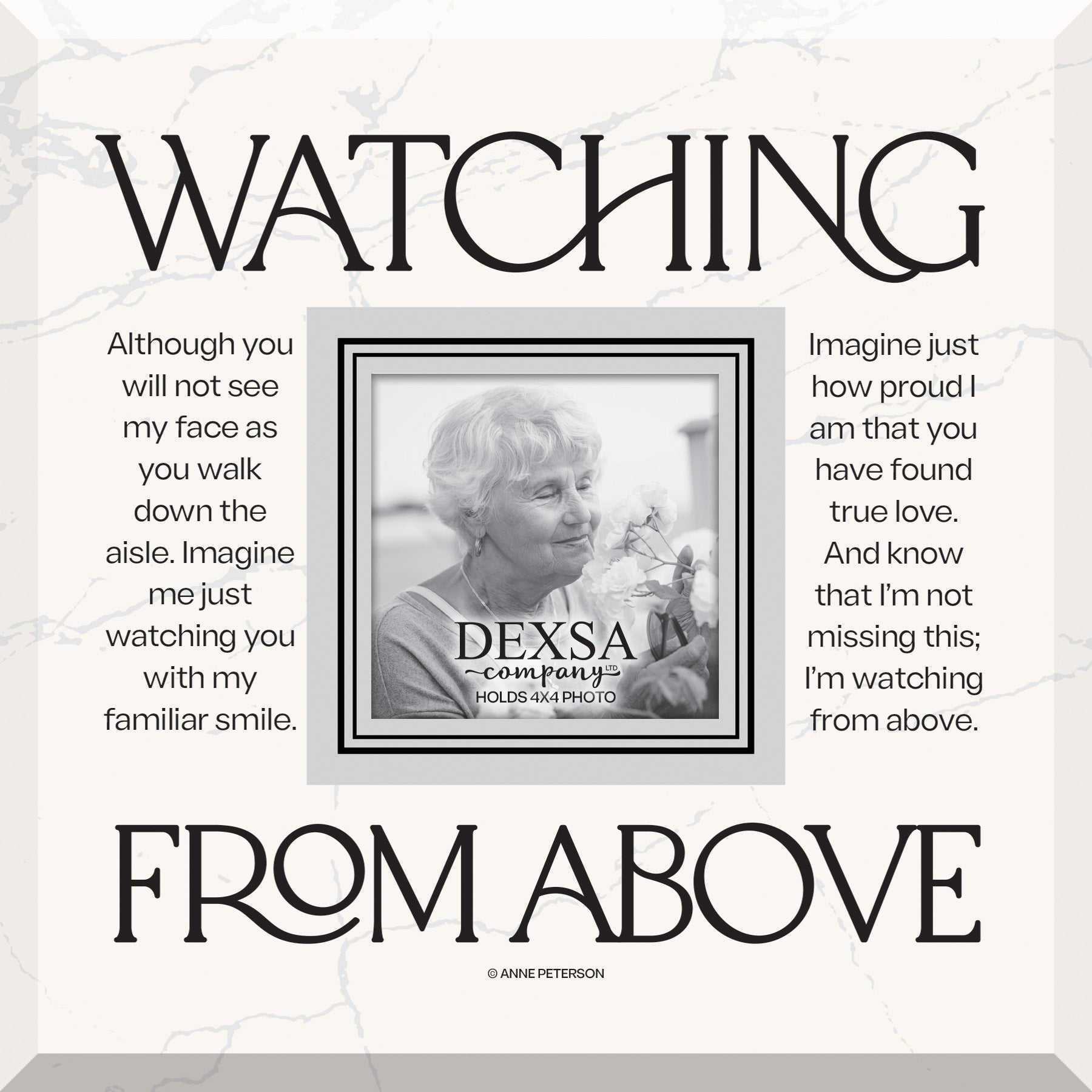 Watching From Above 12x12 Glass Photo Frame with smooth beveled edges, holding a 4x4 photo, displayed on a shelf.