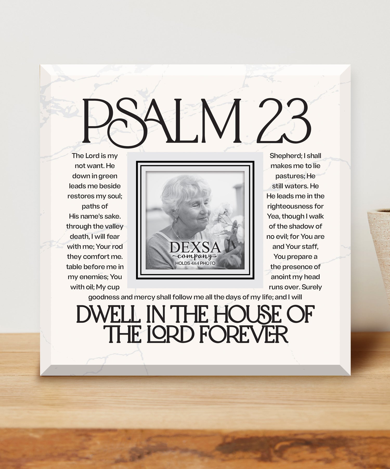 Psalm 23 12x12 Glass Photo Frame with smooth beveled edges, holding a 4x4 photo, displayed on a shelf.