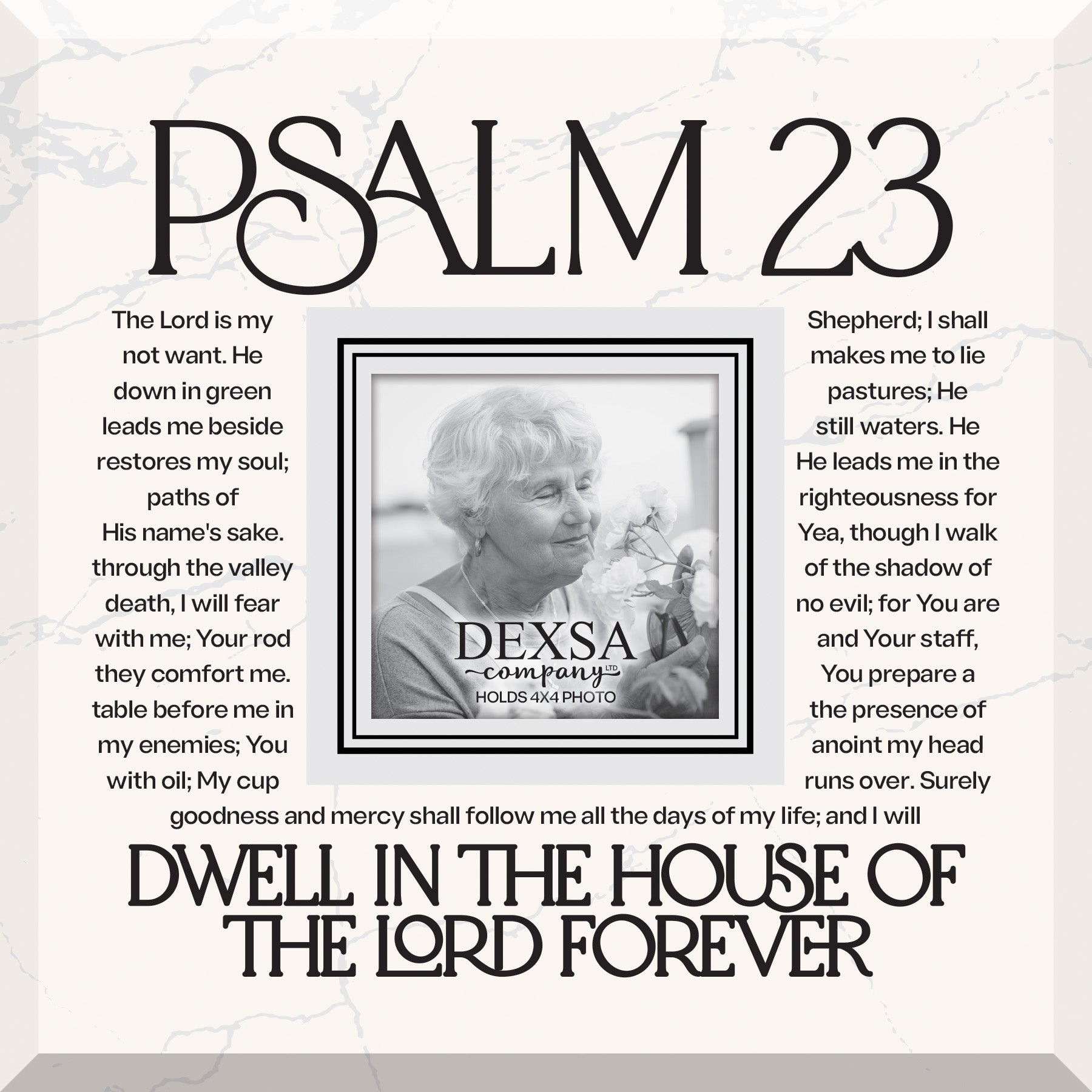 Psalm 23 12x12 Glass Photo Frame with smooth beveled edges, holding a 4x4 photo, displayed on a shelf.