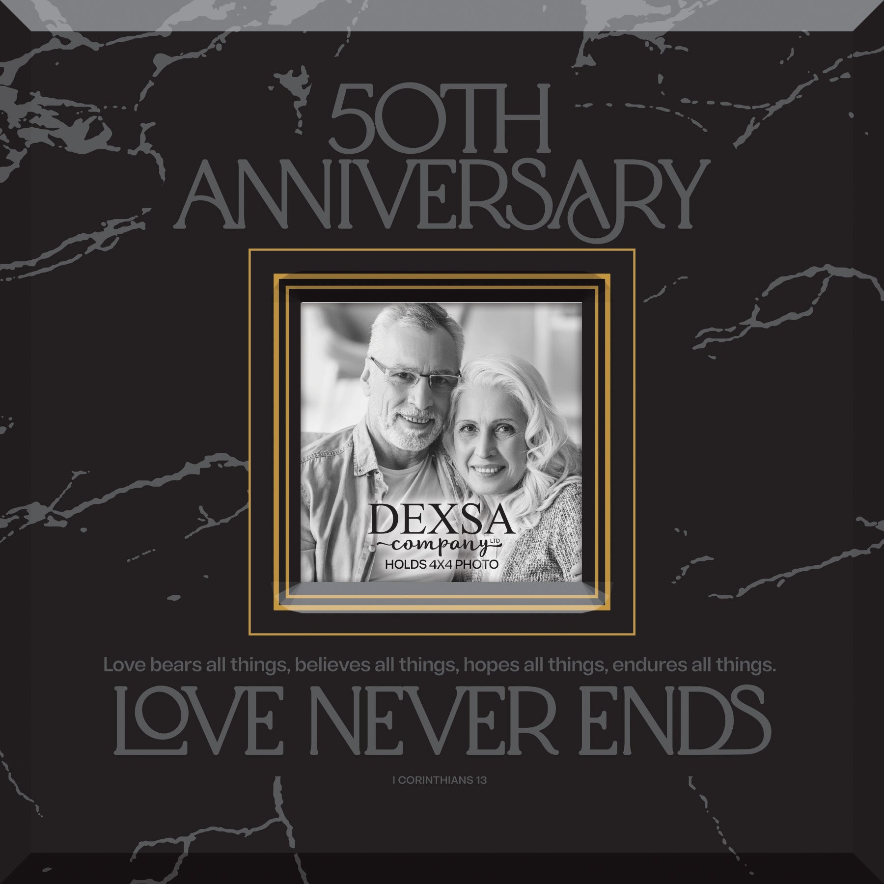 50th Anniversary 12x12 Glass Photo Frame with smooth beveled edges, holding a 4x4 photo, displayed on a shelf.