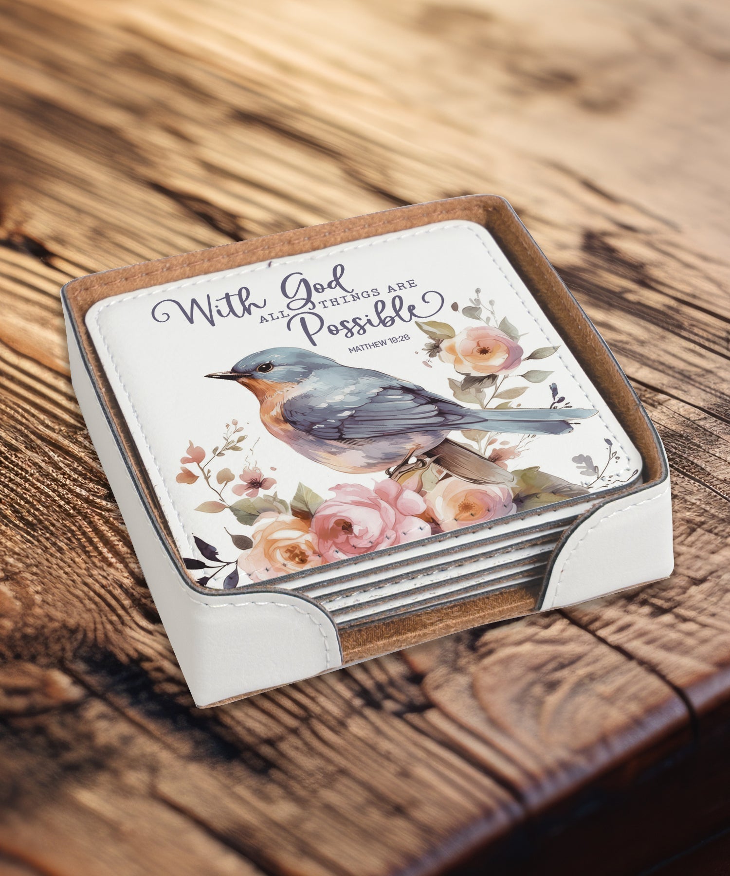 With God All Things 6-Piece Coaster Set -  Inspirational Floral Design.