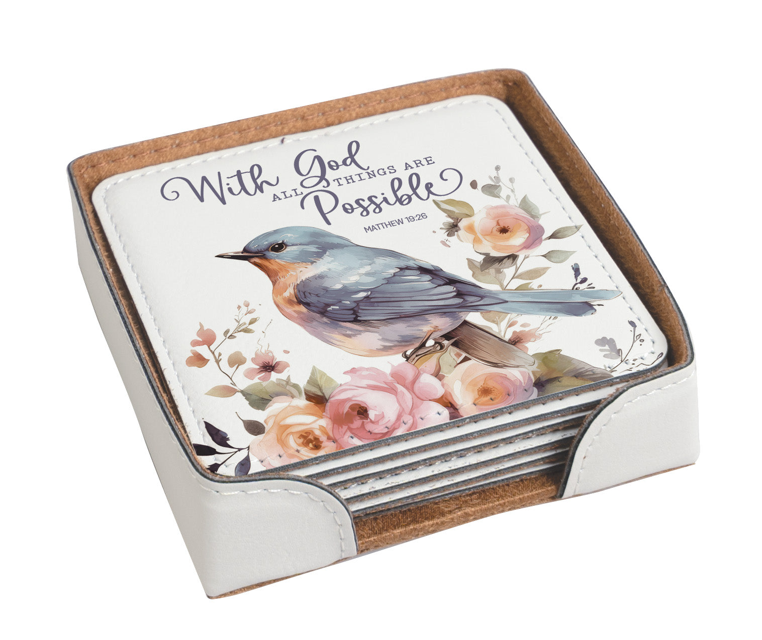 With God All Things 6-Piece Coaster Set -  Inspirational Floral Design.