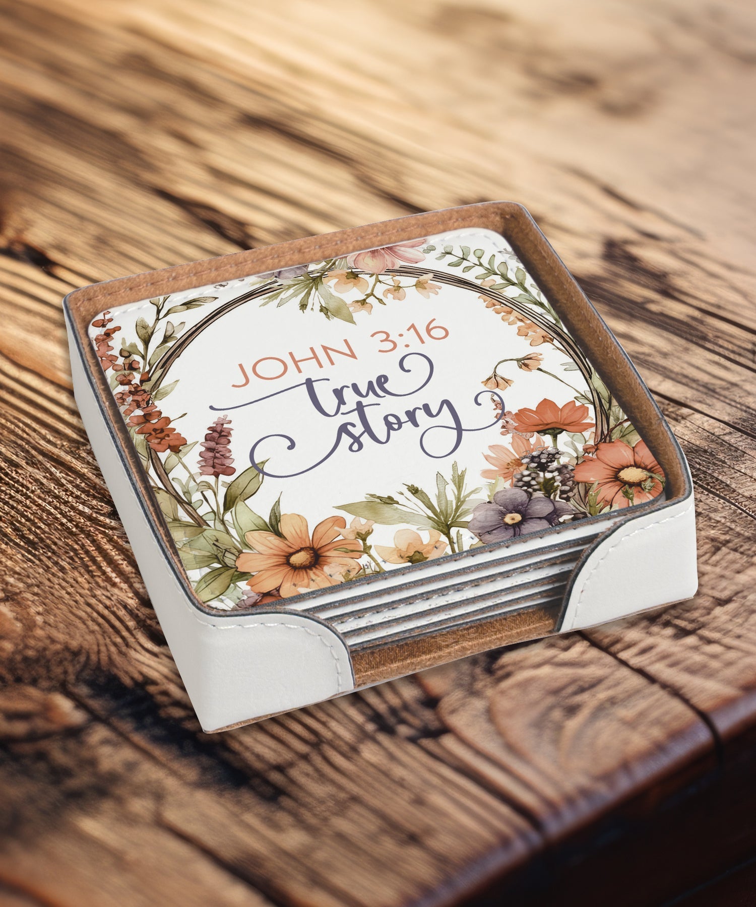 JOHN 3:16 6-Piece Coaster Set -  Inspirational Floral Design.