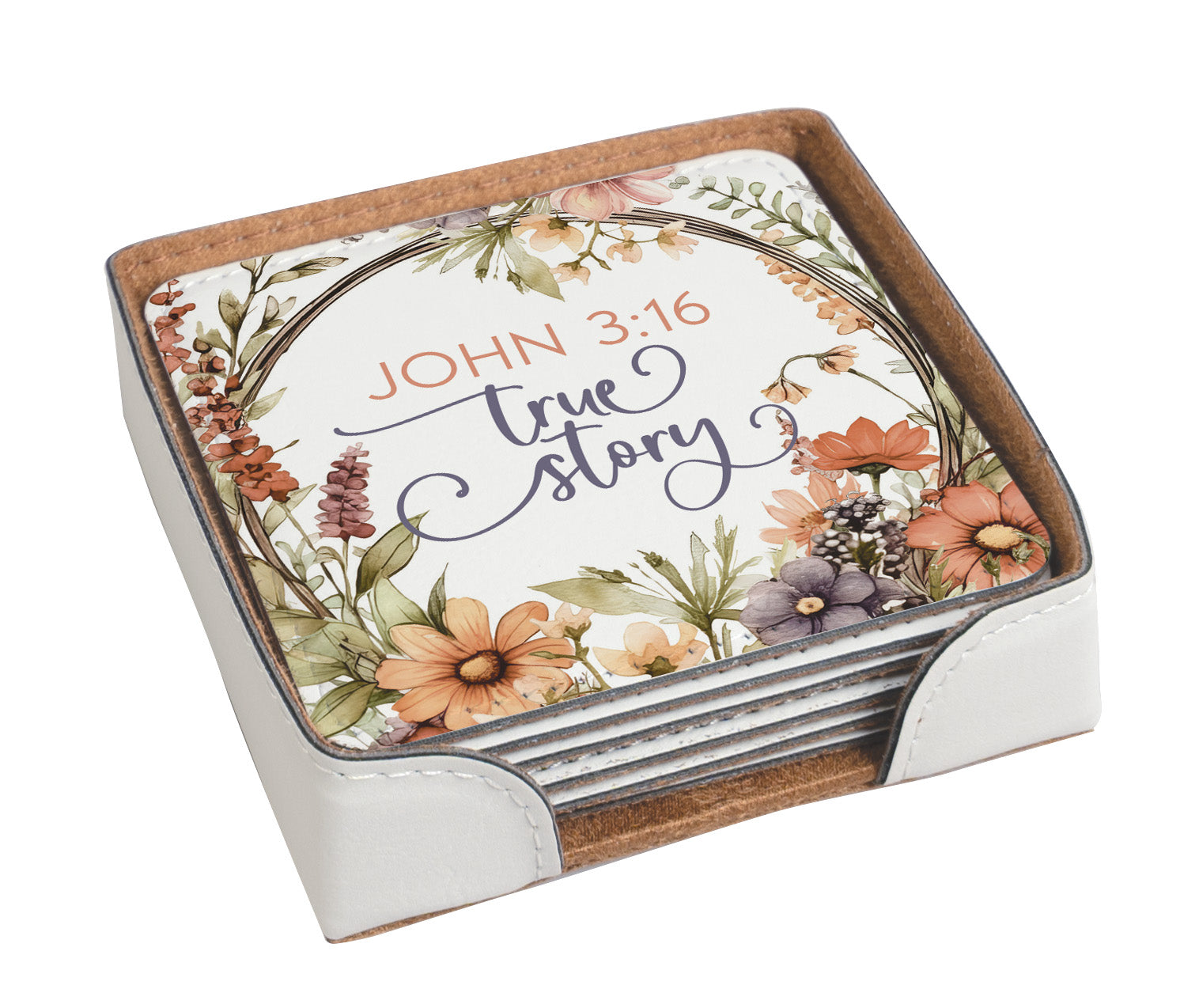 JOHN 3:16 6-Piece Coaster Set -  Inspirational Floral Design.
