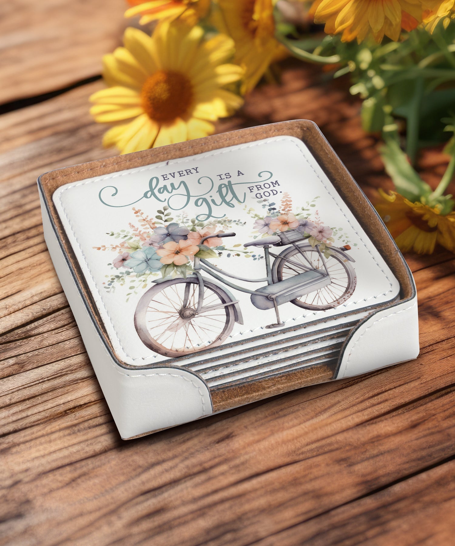 Every Day Is a Gift leatherette coaster set with matching holder and faith verse