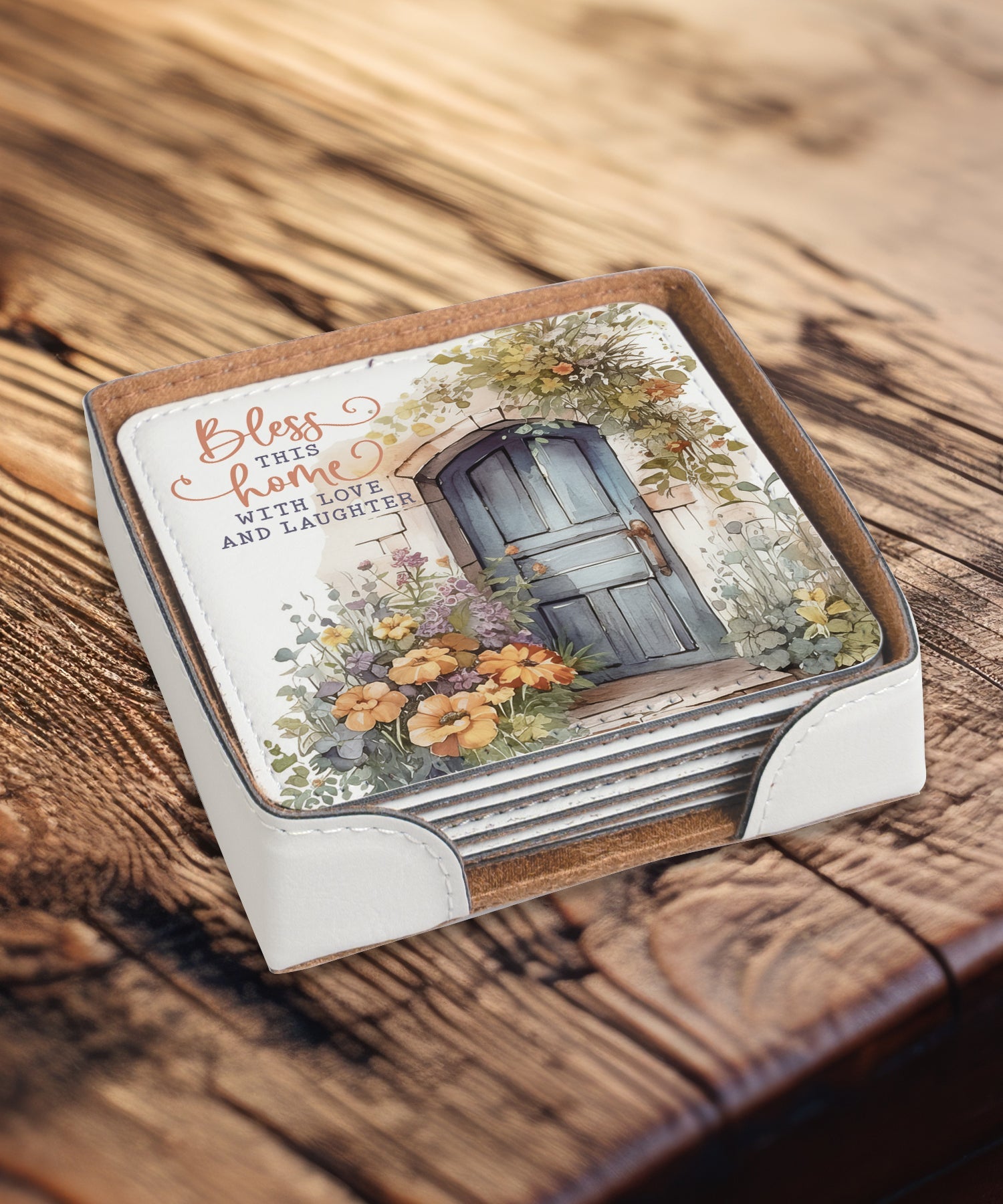 Bless This Home 6-Piece Coaster Set -  Inspirational Floral Design.