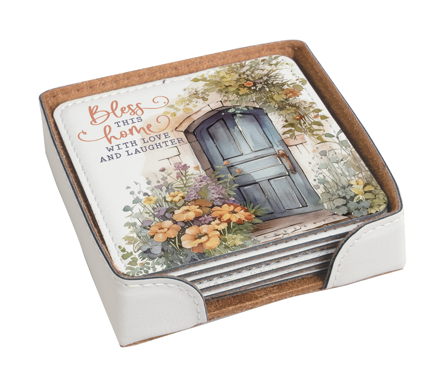 Bless This Home 6-Piece Coaster Set -  Inspirational Floral Design.