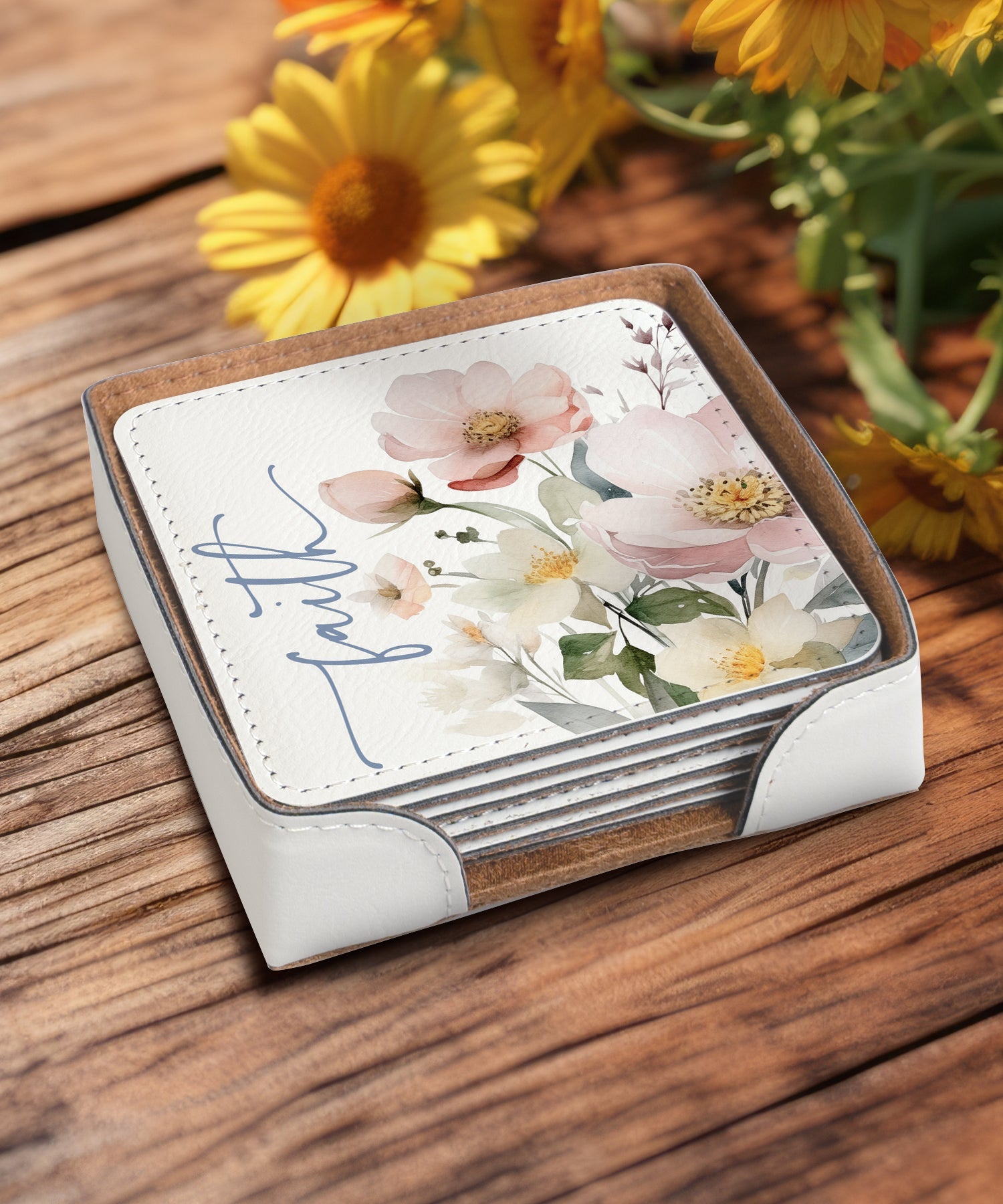 Peaceful Petals assorted leatherette coaster set with floral designs and matching holder
